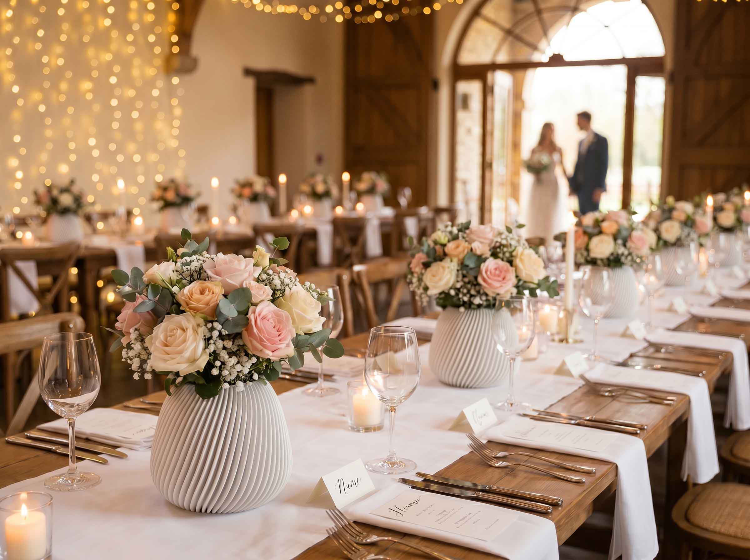 Tafeldeko mit Blumenstrauß, Kerzenlicht und Lichterkette in einer festlich geschmückten Halle, im Hintergrund ein Paar.