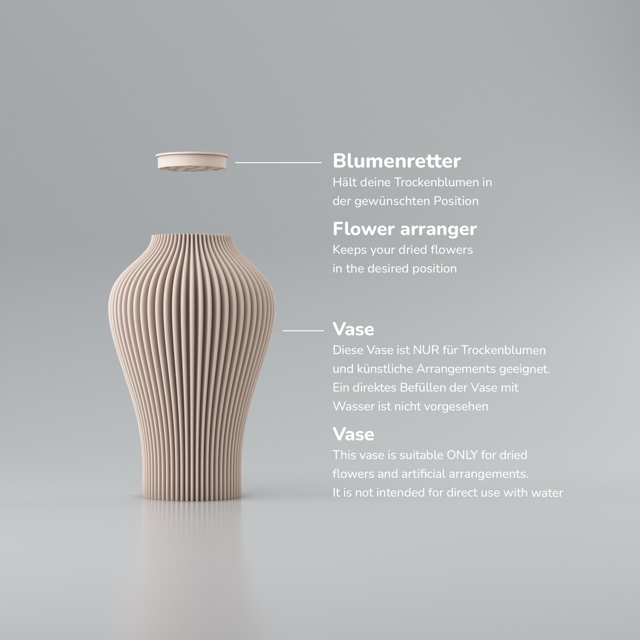 Rippige Vase aus hellem Keramik auf grauem Hintergrund, daneben Text zu „Blumenretter“ und „Trockenblumen“.