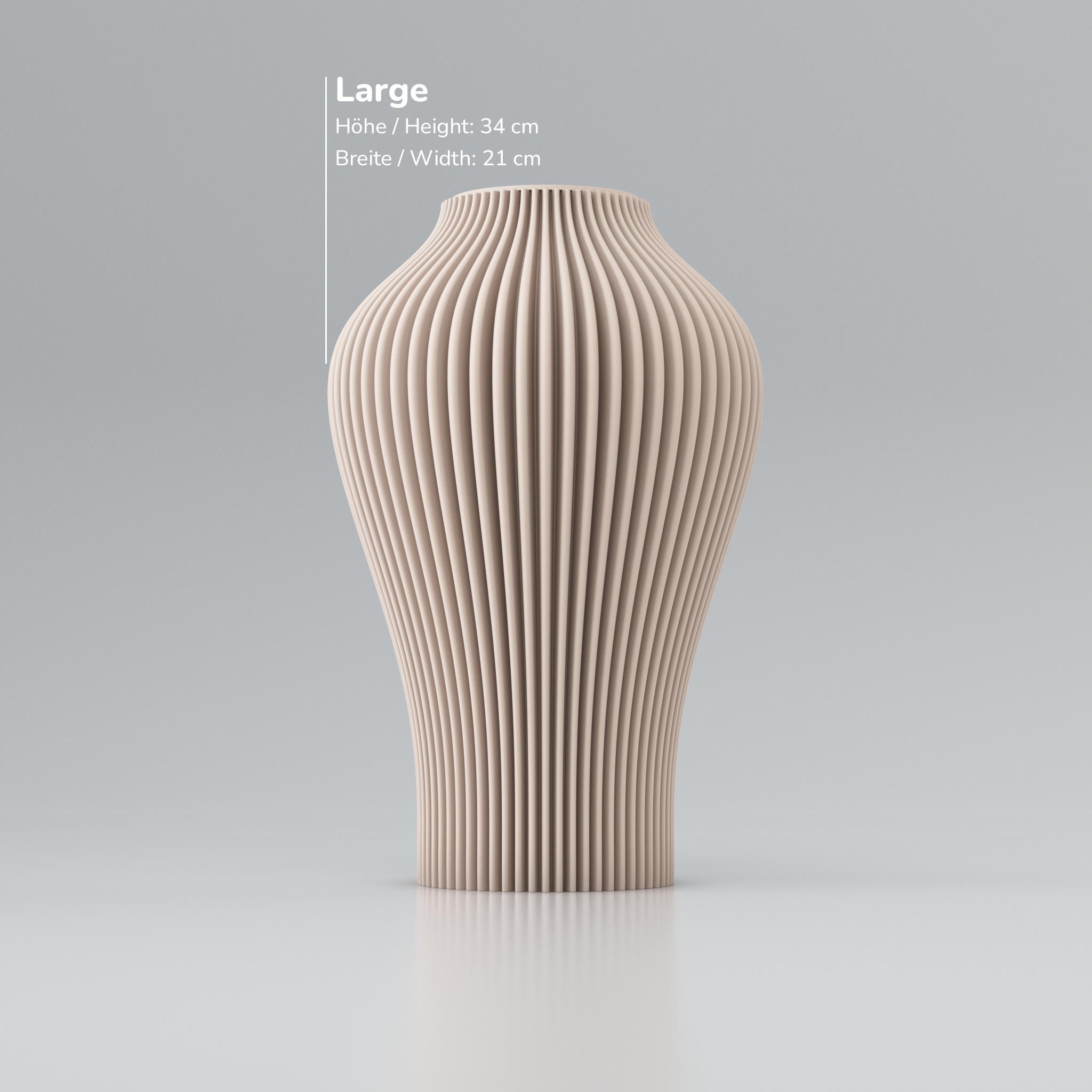 Beiger gerippter Zylinder mit vertikalen Rillen, links eingeblendete Maße: Höhe 34 cm, Breite 21 cm.