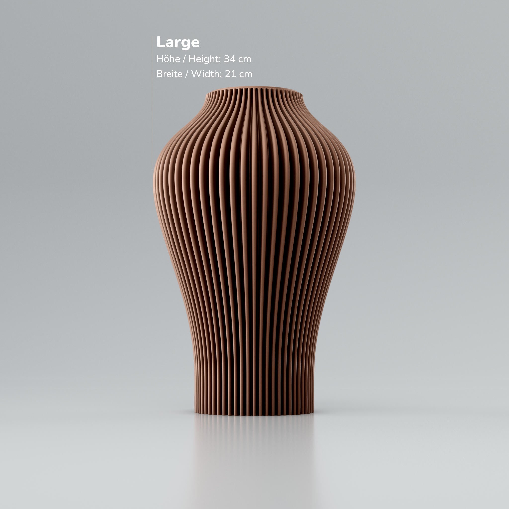 Zylindrisches Gefäß mit geripptem Braun oben und Maßangaben: Höhe 34 cm, Breite 21 cm.