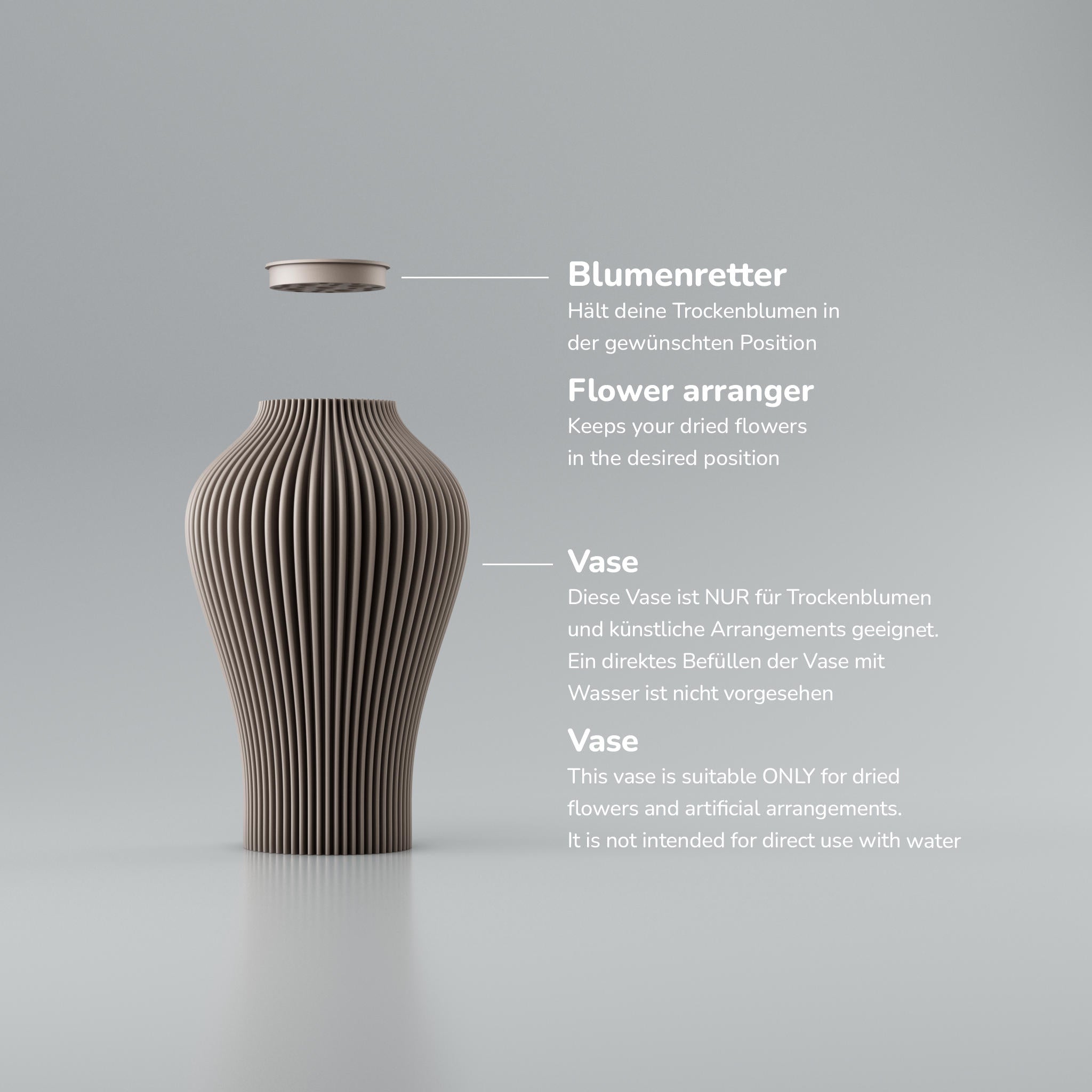 Rippige Vase mit Einsatz „Blumenretter“, der Trockenblumen in Position hält; Hinweis, kein Wasser einfüllen.