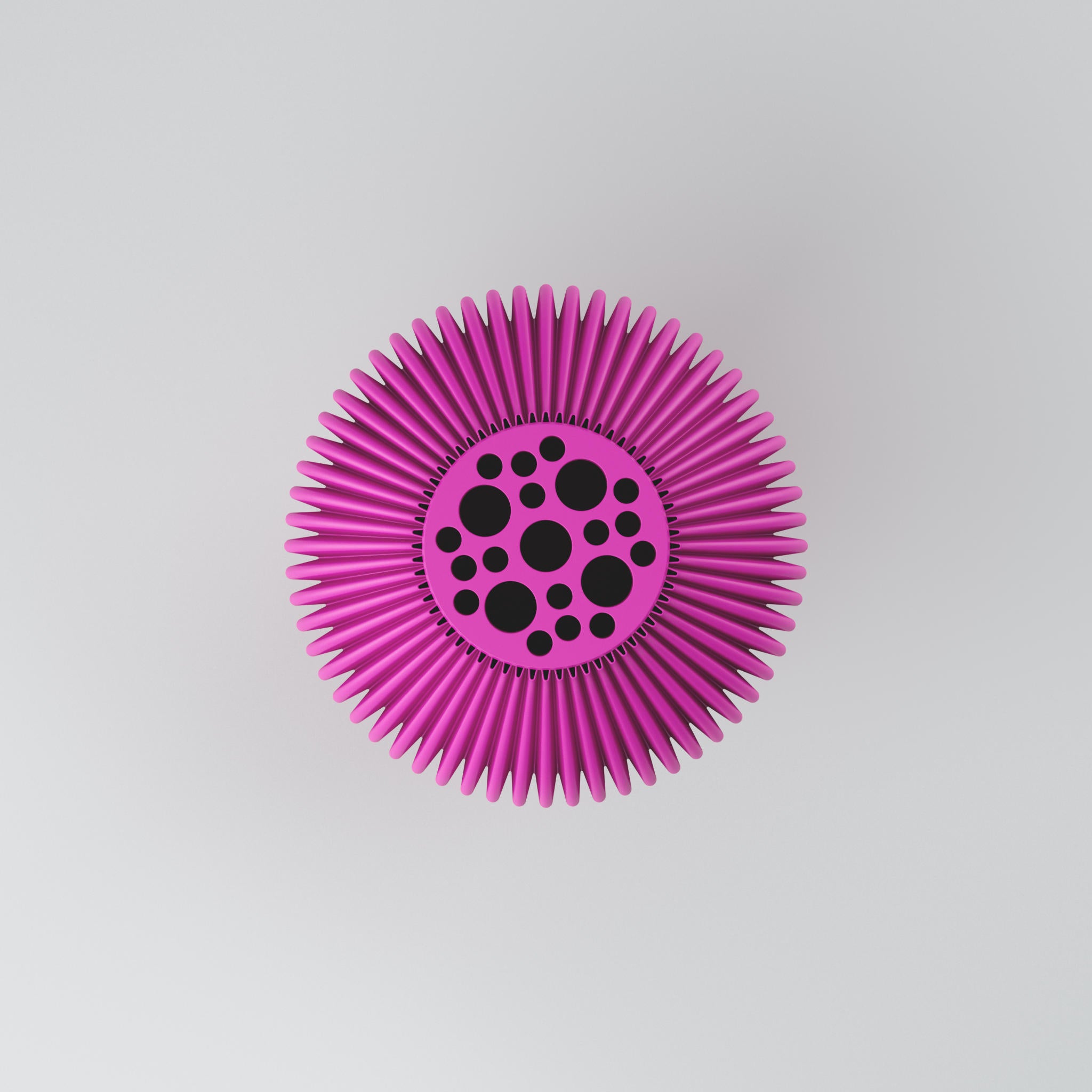 Rosa runder Virus-Zeichnung mit spitzen Dornen und schwarzen Punkten vor hellem Hintergrund.