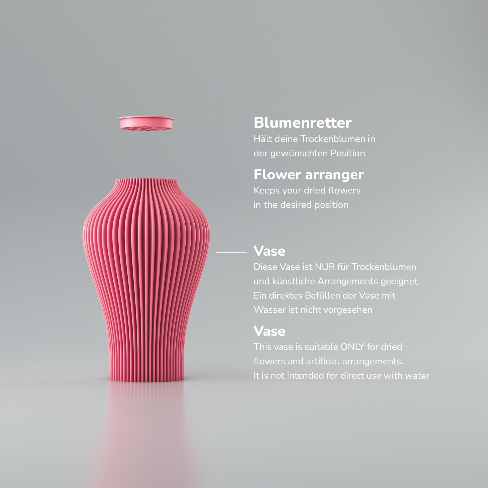 Rosa gerippte Vase mit Schriftzug „Blumenretter“ und „Vase“ auf hellem Hintergrund, oben und unten angeschnitten.