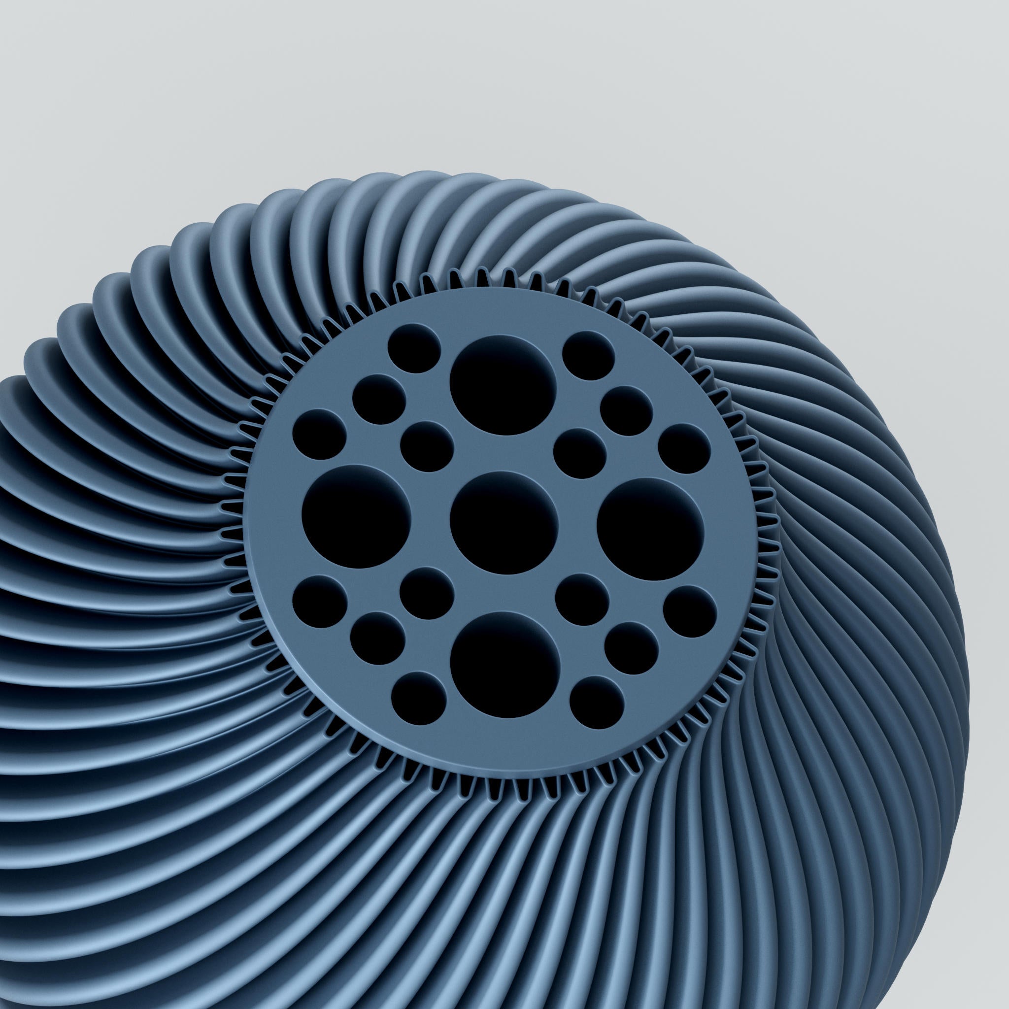 Eine moderne Designvase "Voravellie 40" von Blooming3D in einem hellen, neutralen Farbton. Die Vase zeichnet sich durch eine skulpturale Form und eine präzise ausgearbeitete Rippstruktur aus, die sich spiralförmig um den Körper windet. Diese Struktur erzeugt ein faszinierendes Licht- und Schattenspiel. Die Vase hat eine schlanke Basis, die sich nach oben hin verbreitert und dann zum Hals hin wieder verjüngt. Sie steht auf einer glatten, hellen Oberfläche, die ihr Spiegelbild leicht wiedergibt. Im...