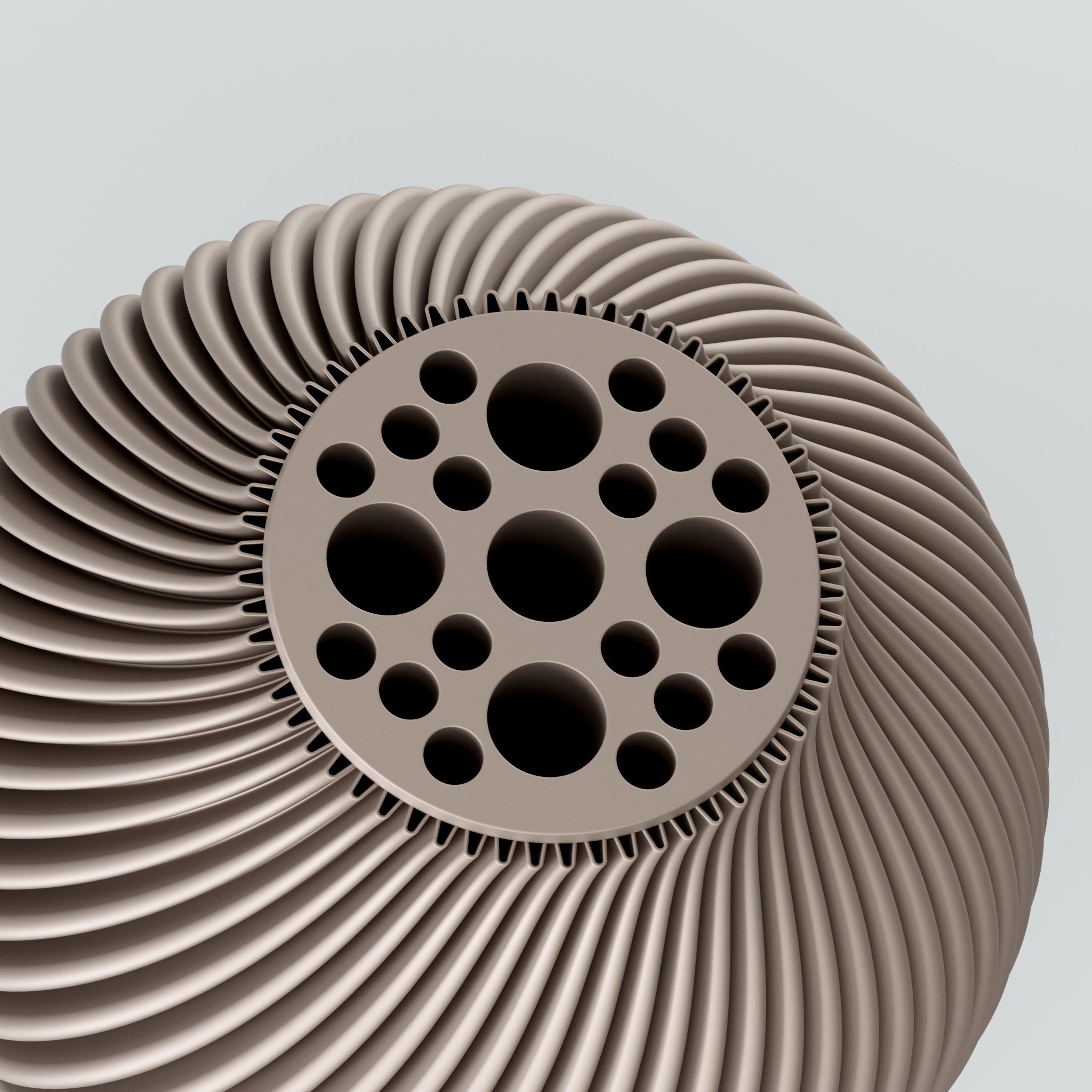 Eine moderne Designvase "Voravellie 40" von Blooming3D in einem hellen, neutralen Farbton. Die Vase zeichnet sich durch eine skulpturale Form und eine präzise ausgearbeitete Rippstruktur aus, die sich spiralförmig um den Körper windet. Diese Struktur erzeugt ein faszinierendes Licht- und Schattenspiel. Die Vase hat eine schlanke Basis, die sich nach oben hin verbreitert und dann zum Hals hin wieder verjüngt. Sie steht auf einer glatten, hellen Oberfläche, die ihr Spiegelbild leicht wiedergibt. Im...