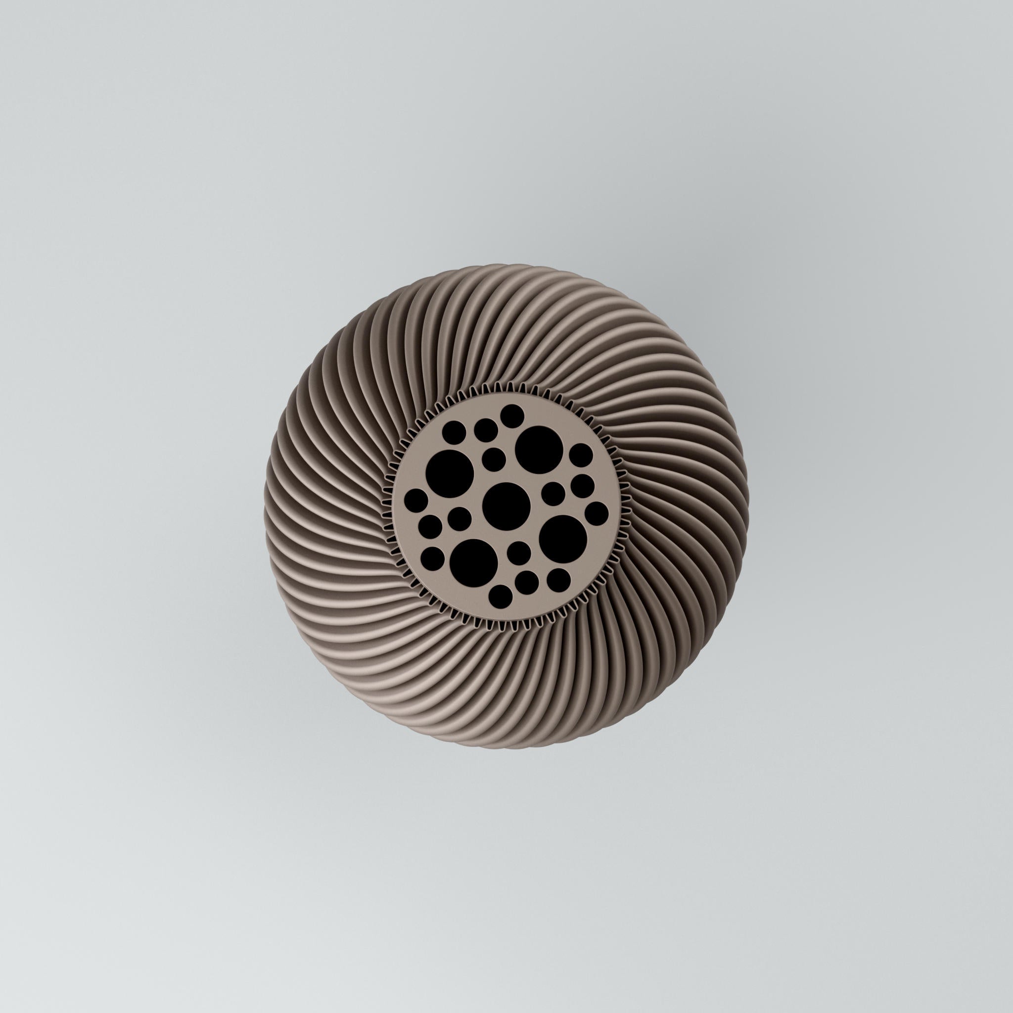 Eine moderne Designvase "Voravellie 40" von Blooming3D in einem hellen, neutralen Farbton. Die Vase zeichnet sich durch eine skulpturale Form und eine präzise ausgearbeitete Rippstruktur aus, die sich spiralförmig um den Körper windet. Diese Struktur erzeugt ein faszinierendes Licht- und Schattenspiel. Die Vase hat eine schlanke Basis, die sich nach oben hin verbreitert und dann zum Hals hin wieder verjüngt. Sie steht auf einer glatten, hellen Oberfläche, die ihr Spiegelbild leicht wiedergibt. Im...