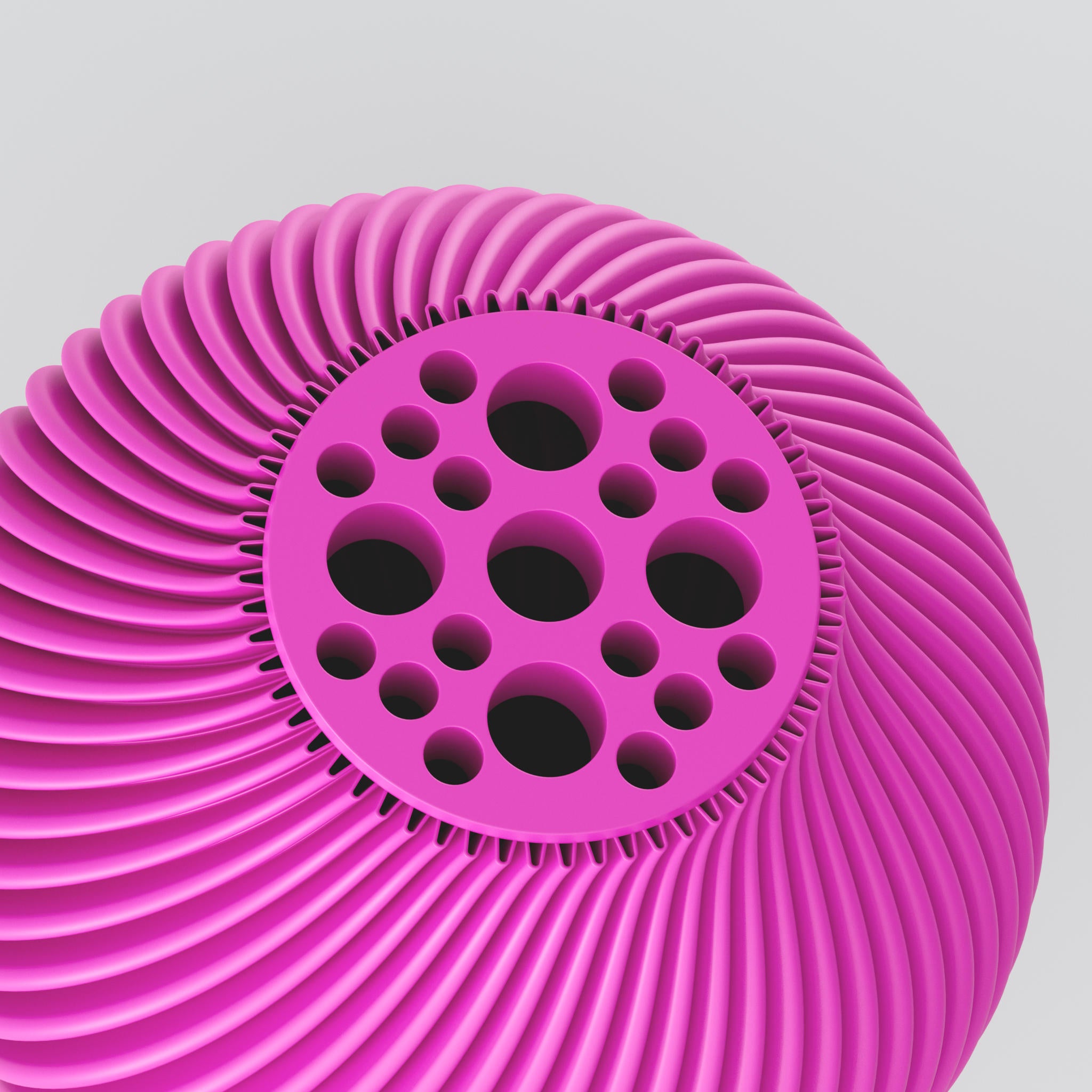 Eine moderne Designvase "Voravellie 40" von Blooming3D in einem hellen, neutralen Farbton. Die Vase zeichnet sich durch eine skulpturale Form und eine präzise ausgearbeitete Rippstruktur aus, die sich spiralförmig um den Körper windet. Diese Struktur erzeugt ein faszinierendes Licht- und Schattenspiel. Die Vase hat eine schlanke Basis, die sich nach oben hin verbreitert und dann zum Hals hin wieder verjüngt. Sie steht auf einer glatten, hellen Oberfläche, die ihr Spiegelbild leicht wiedergibt. Im...