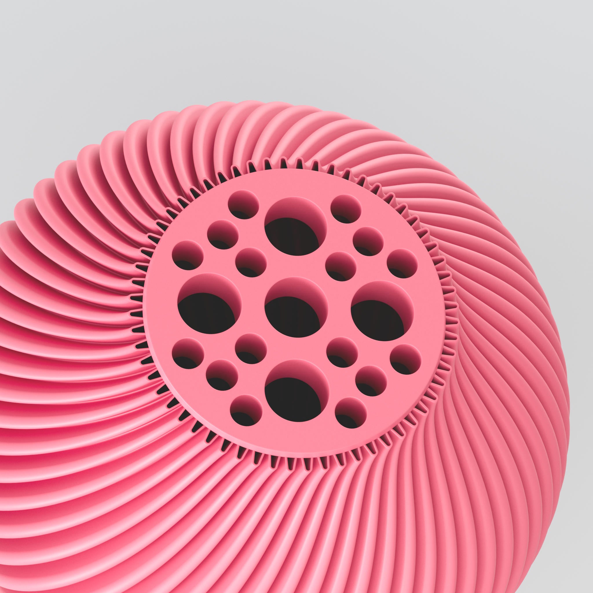 Eine moderne Designvase "Voravellie 40" von Blooming3D in einem hellen, neutralen Farbton. Die Vase zeichnet sich durch eine skulpturale Form und eine präzise ausgearbeitete Rippstruktur aus, die sich spiralförmig um den Körper windet. Diese Struktur erzeugt ein faszinierendes Licht- und Schattenspiel. Die Vase hat eine schlanke Basis, die sich nach oben hin verbreitert und dann zum Hals hin wieder verjüngt. Sie steht auf einer glatten, hellen Oberfläche, die ihr Spiegelbild leicht wiedergibt. Im...