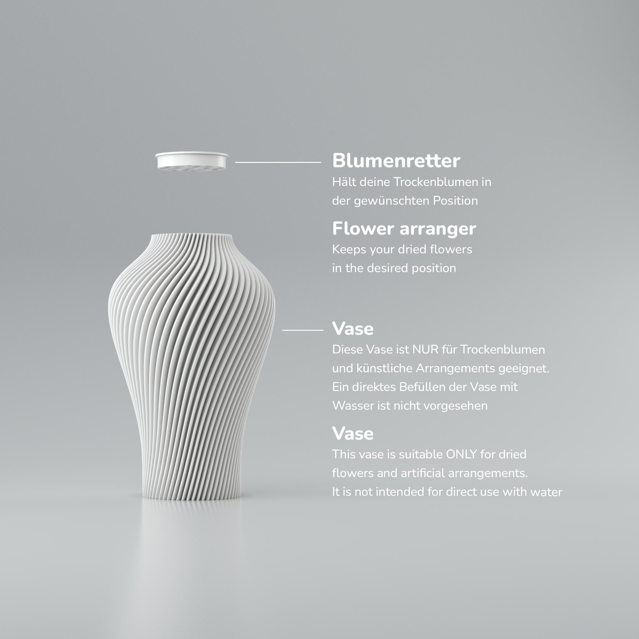 Weiße Vase mit geriffelter Oberfläche, daneben Schale und die Aufschrift „Blumenretter“.