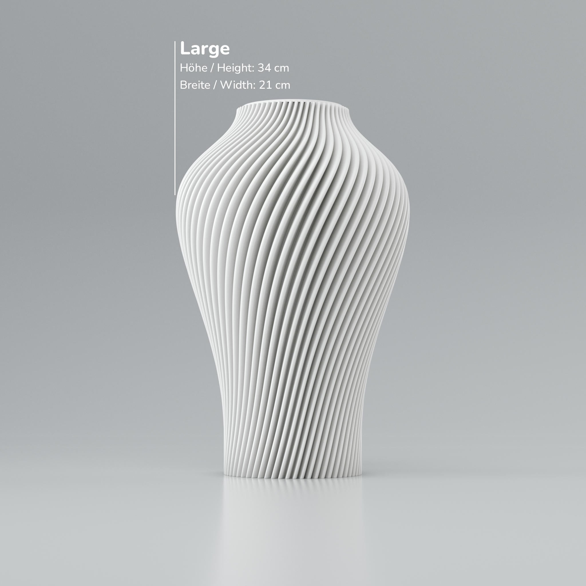 Weiße gerippte Säule mit eingravierten Maßen: Höhe 34 cm und Breite 21 cm auf grauem Hintergrund.