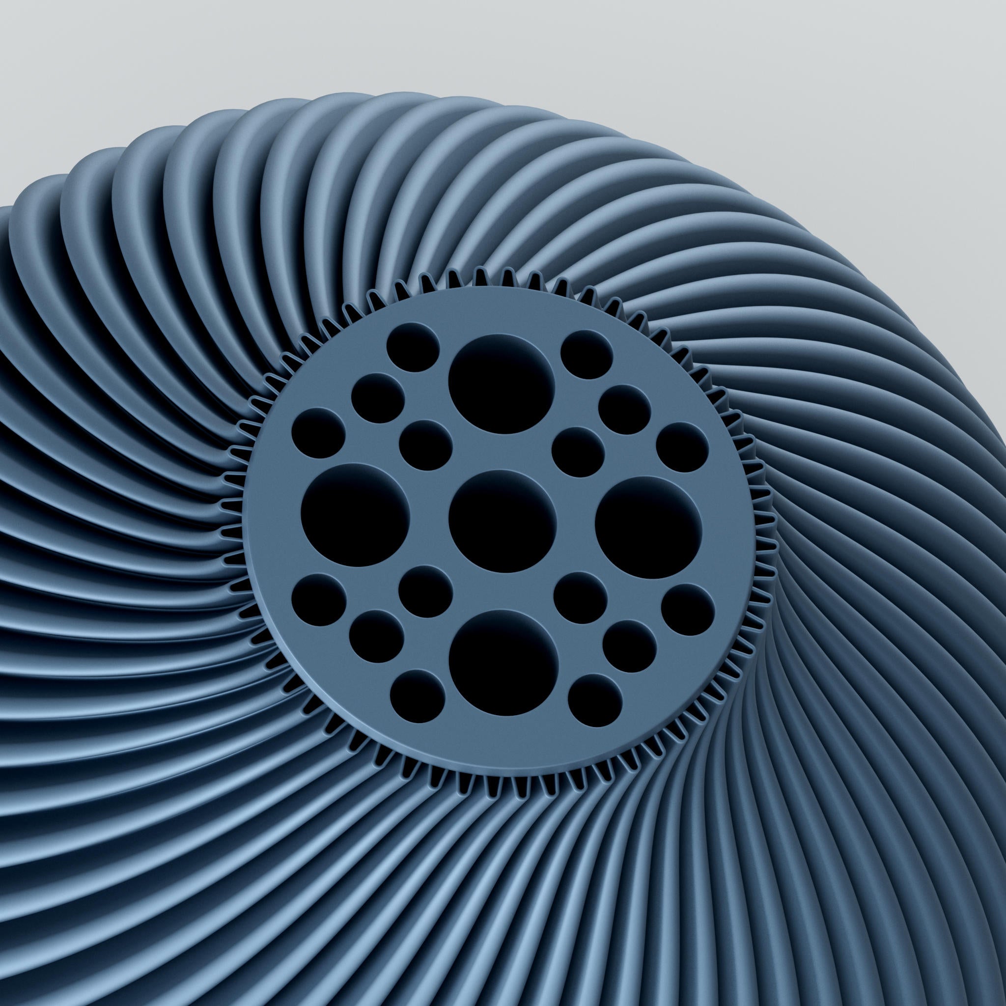 Eine moderne, beigefarbene Designvase namens Voravellie 60, die eine modulare, skulpturale Form aufweist. Die Vase hat eine ausgeprägte, präzise ausgearbeitete Rippstruktur mit klaren Kanten, die spiralförmig um den Körper verläuft und ein faszinierendes Licht- und Schattenspiel erzeugt. Sie steht auf einer glatten, hellgrauen Oberfläche, die ihr Spiegelbild leicht reflektiert, vor einem neutralen, hellgrauen Hintergrund. Die Vase ist leer und hat eine schlanke Öffnung am oberen Ende. Das Design vereint...