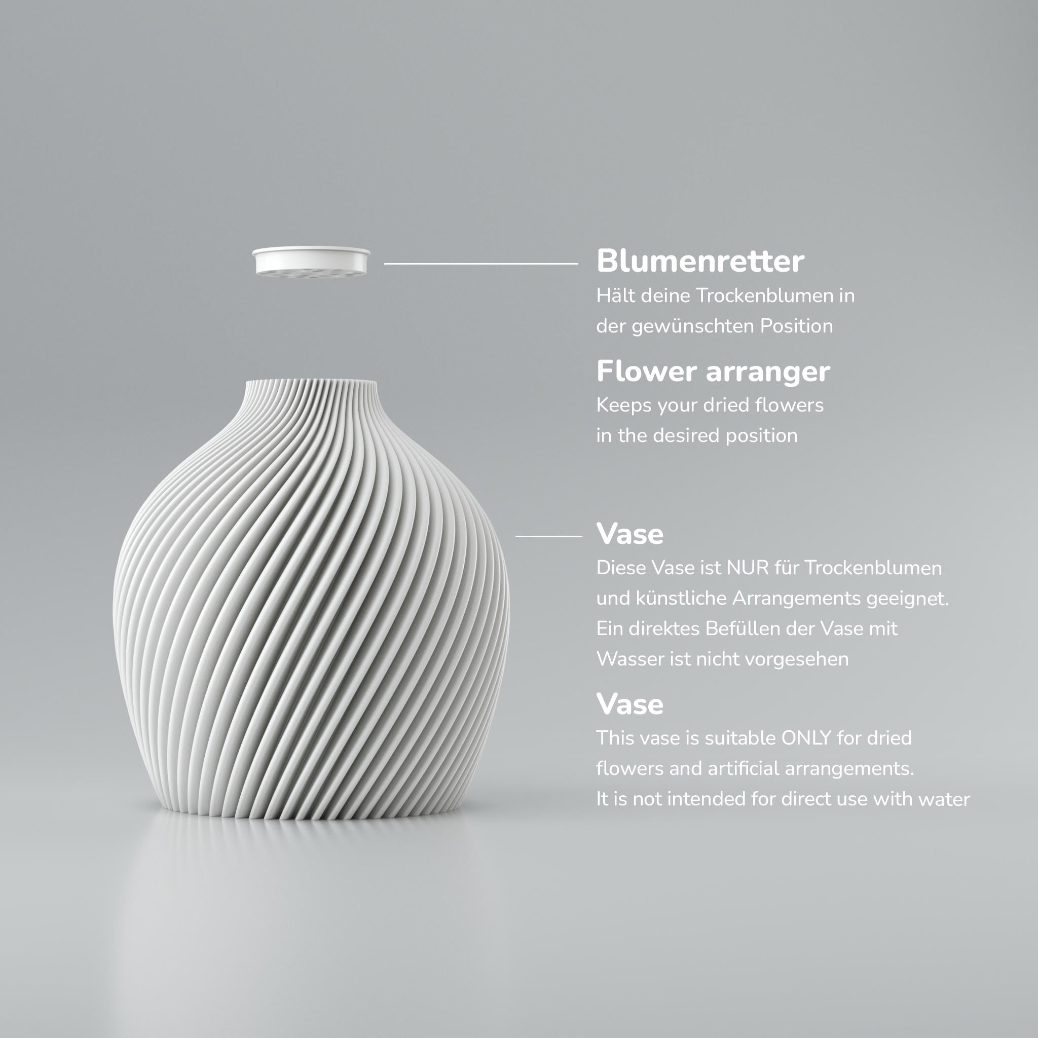 Rippige Vase mit Einsatz für Trockenblumen und Texthinweisen zur Aufbewahrung in gewünschter Position.