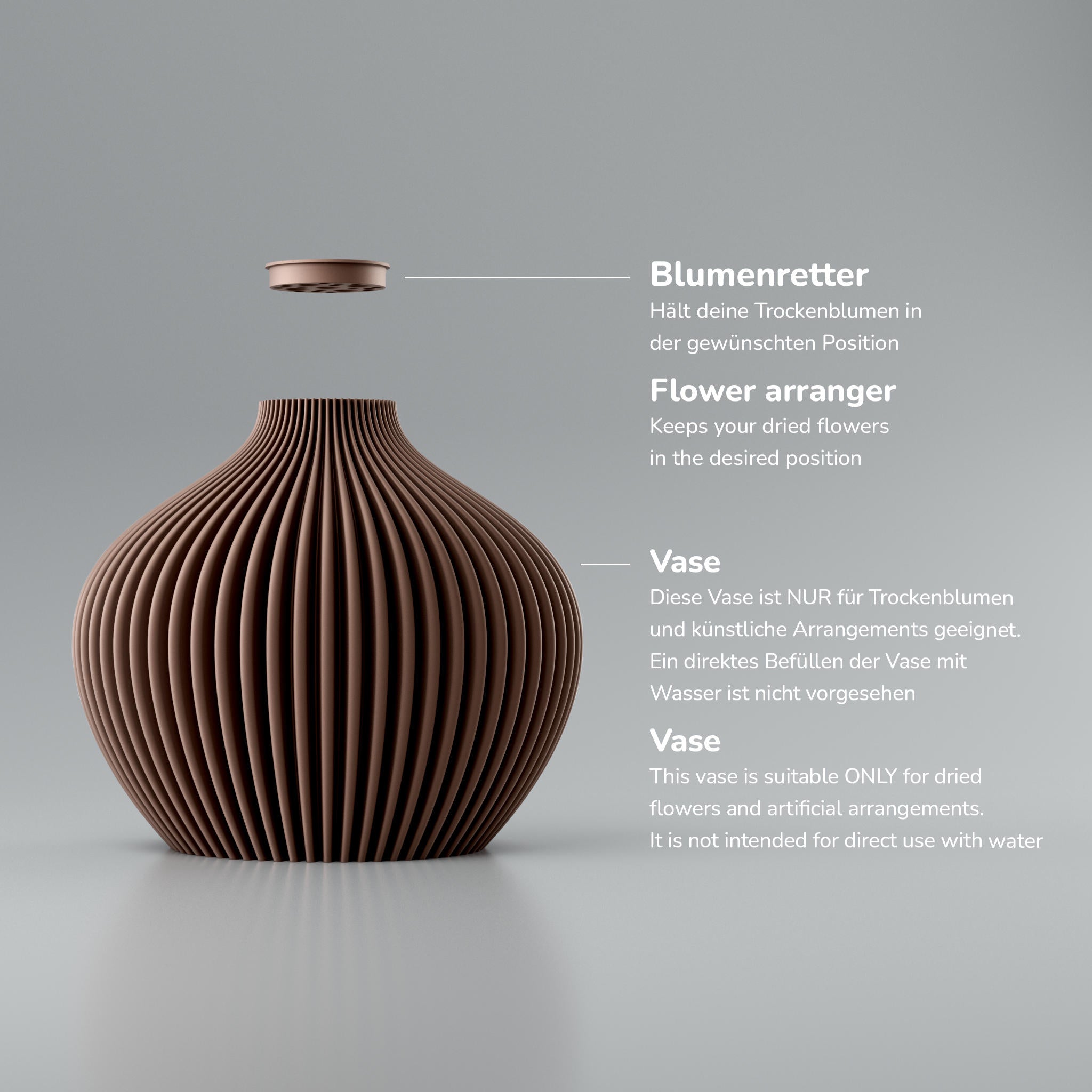 Blaue gerippte Vase, darüber kleiner Einsatz; daneben Text „Blumenretter“ und „Vase“ auf grauem Hintergrund.