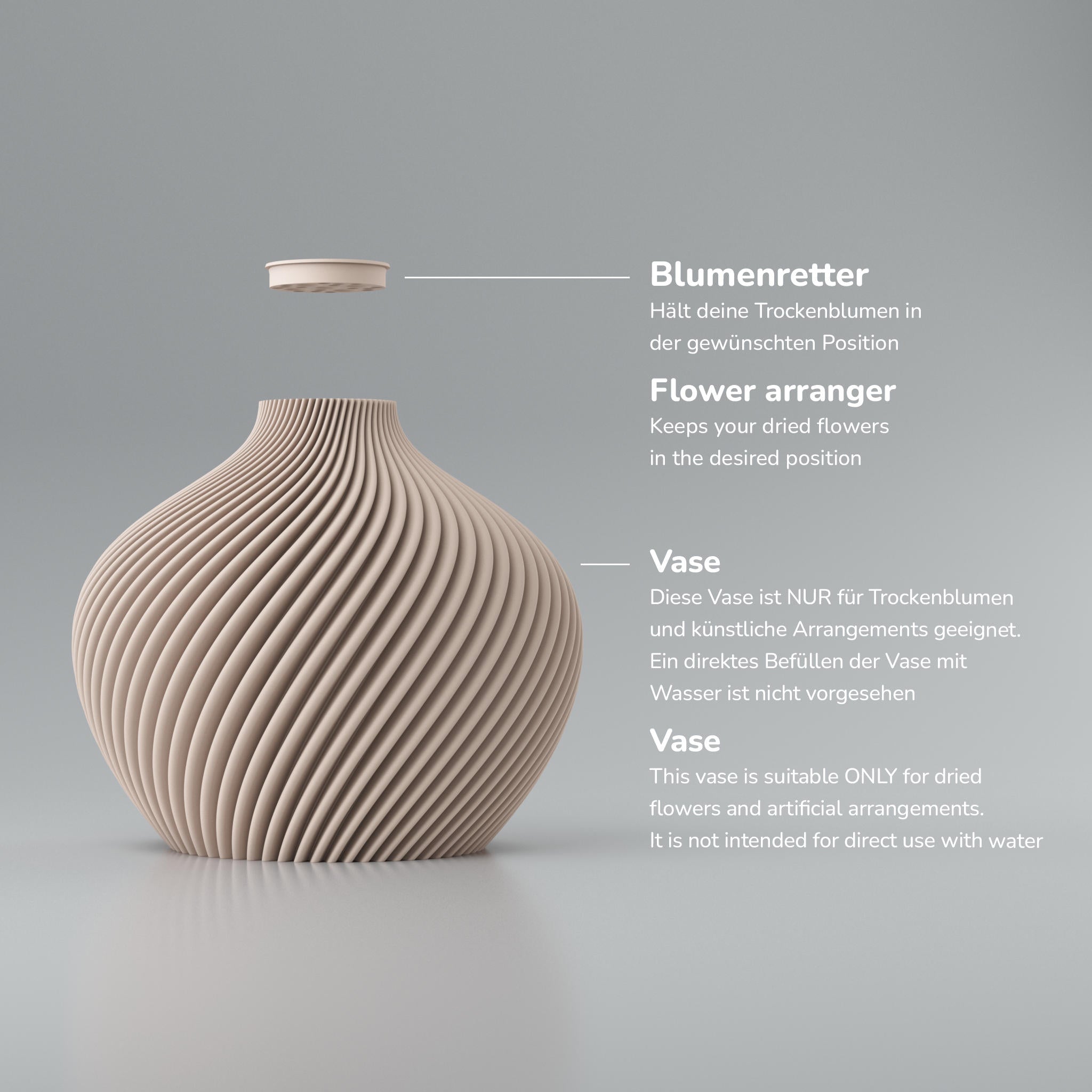 Dreh-Design Linien Blooming3D Design-Vase Voravellie 80 Moravellie in mattem Beige, gerillte Oberfläche