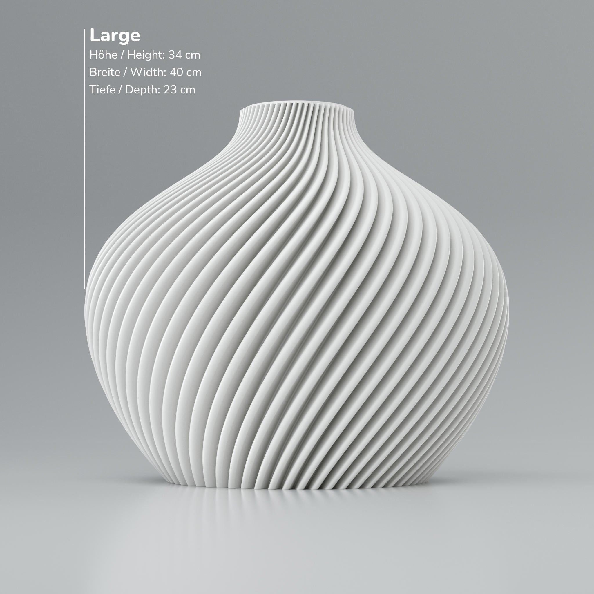 Weiße, gerippte Kugel mit Maßen: Höhe 34 cm, Breite 40 cm, Tiefe 23 cm, Text „Large“ links