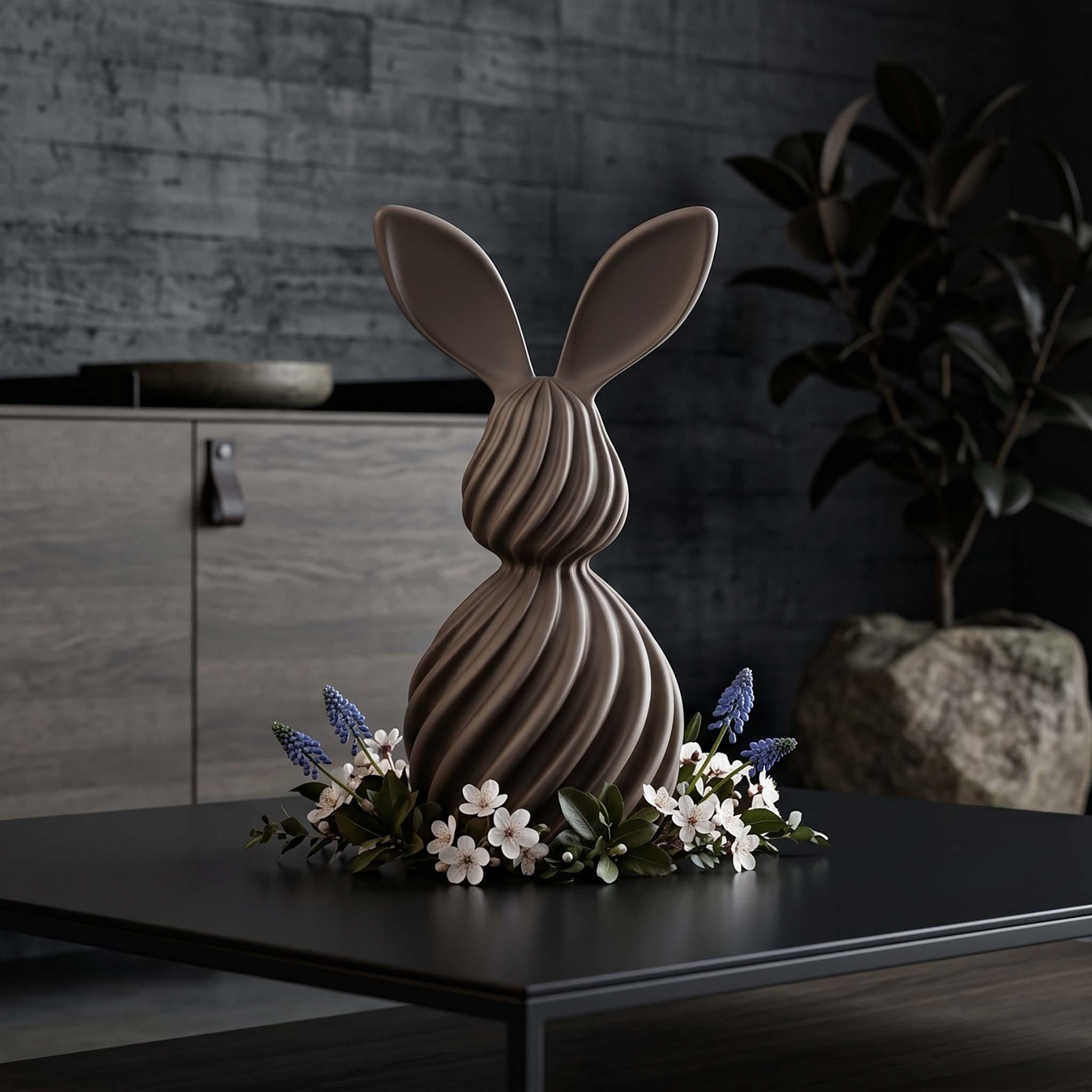 Design-Osterhase Moravellie von Blooming3D, Twist-Linea Design-Osterhase in Iridium-Goldmetall — geripptes Metallfinish
