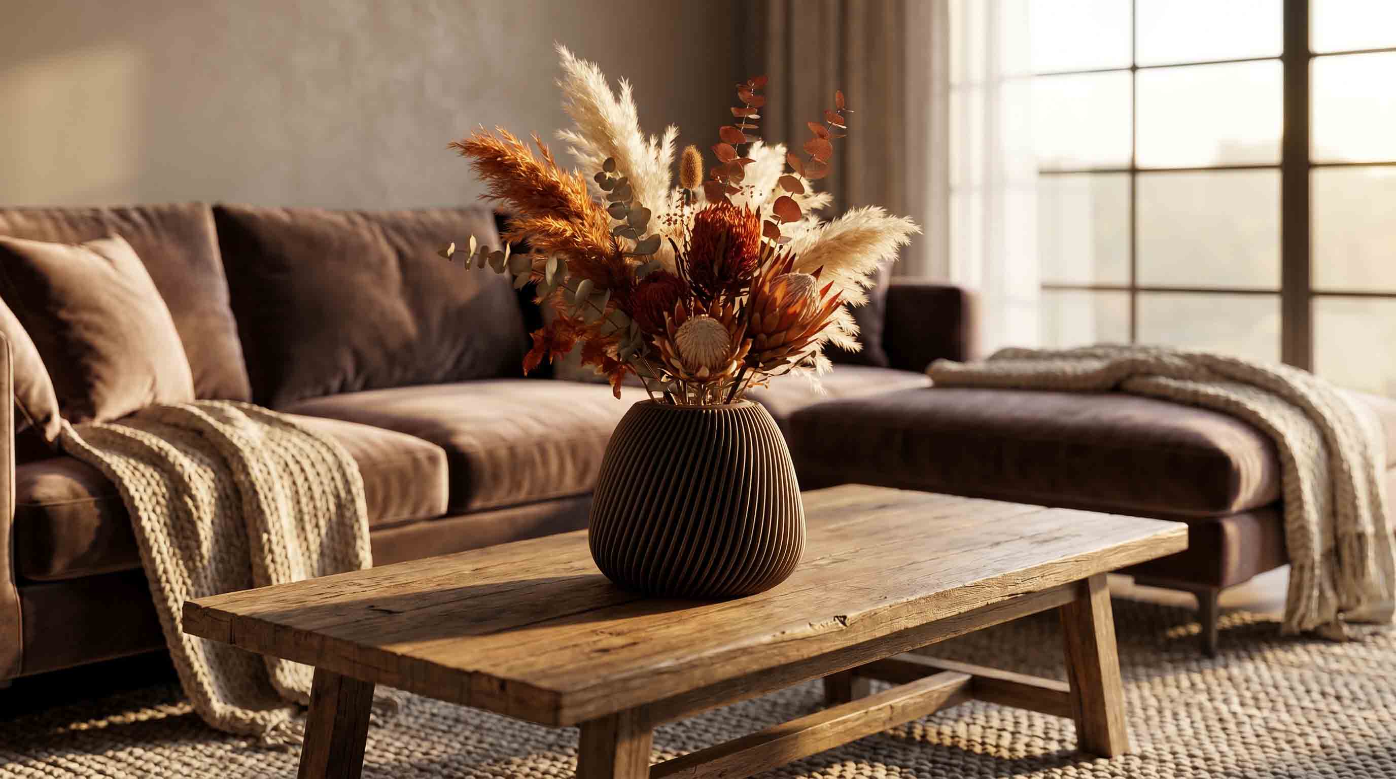 Wohnzimmertisch mit Vase und buntem Trockenblumenstrauß vor braunem Sofa, warmes Licht durchs Fenster.