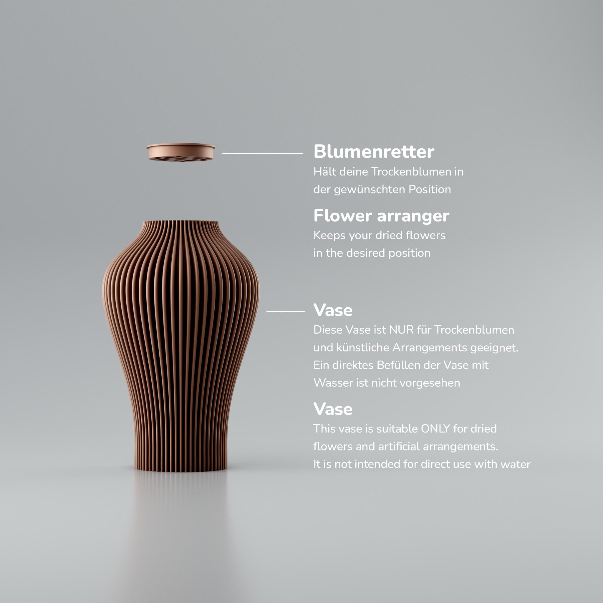 Rippenvase aus braunem Karton mit rundem Einsatz oben, beschriftet mit „Blumenretter“ und „Vase“.
