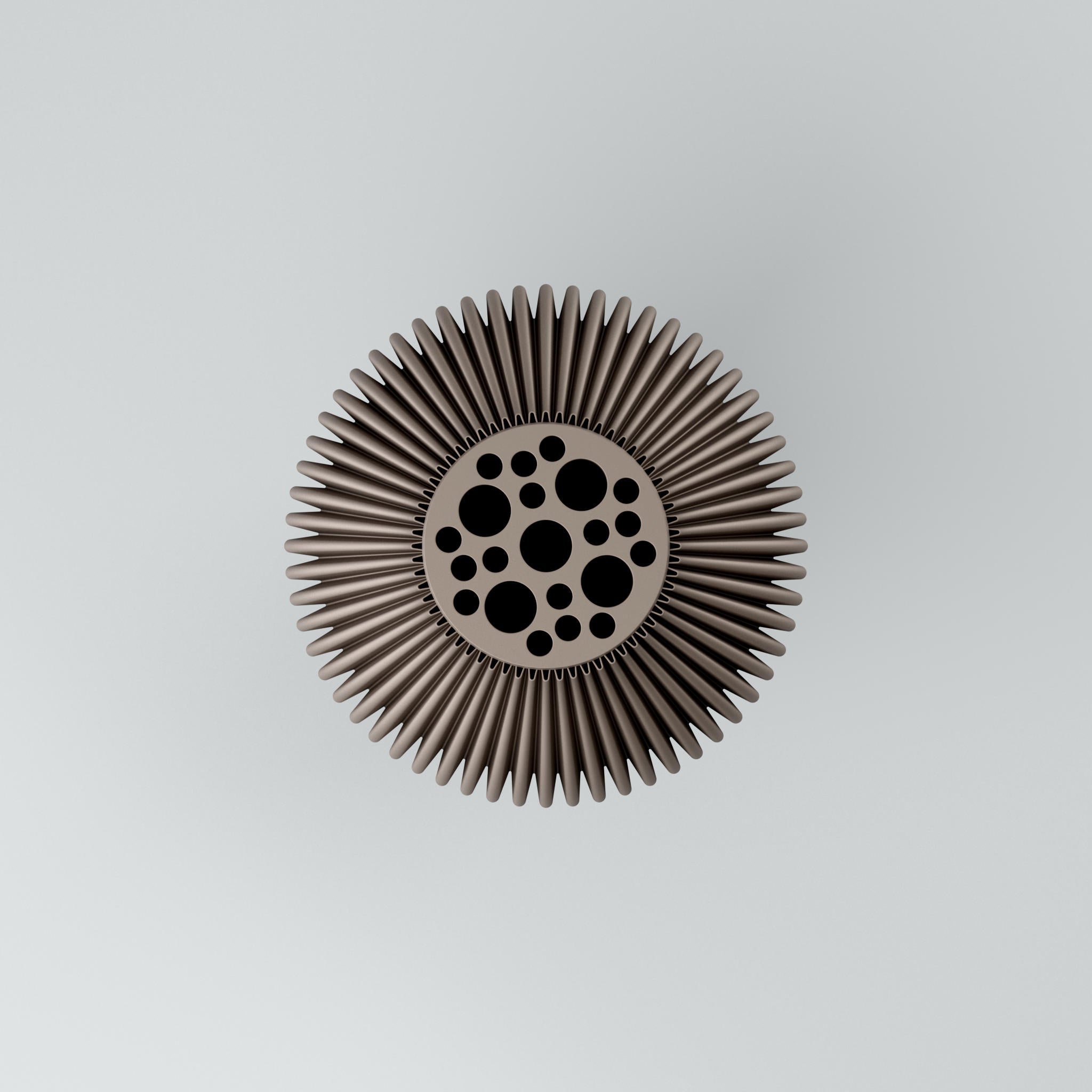 Dekoratives sternradförmiges Ornament mit spitzen Zacken und Kreisflächen in Grau und Schwarz vor hellem Hintergrund.