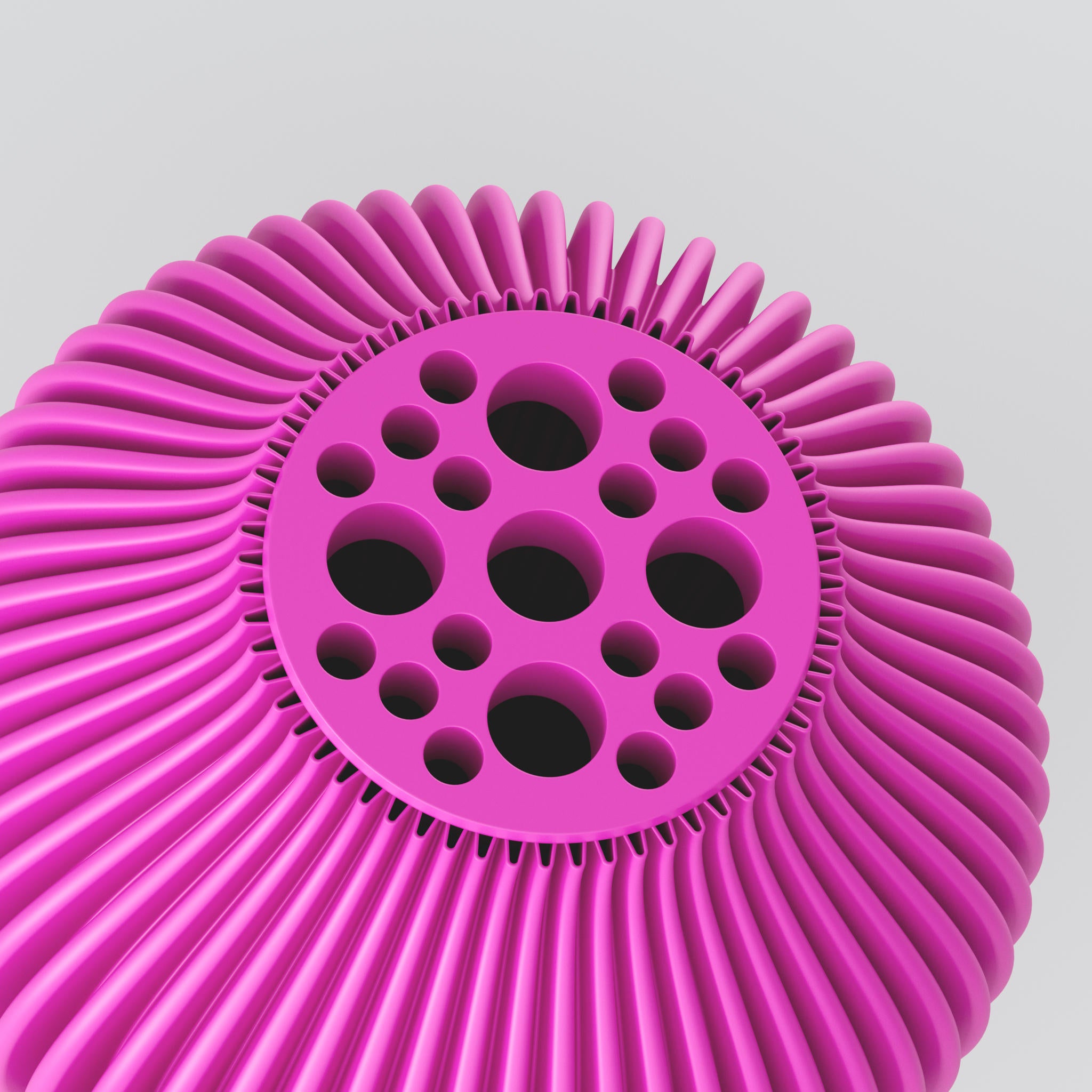 Rundes pinkes 3D-Modell mit grübchenartigen Öffnungen und langen stachelartigen Fortsätzen vor grauem Hintergrund.