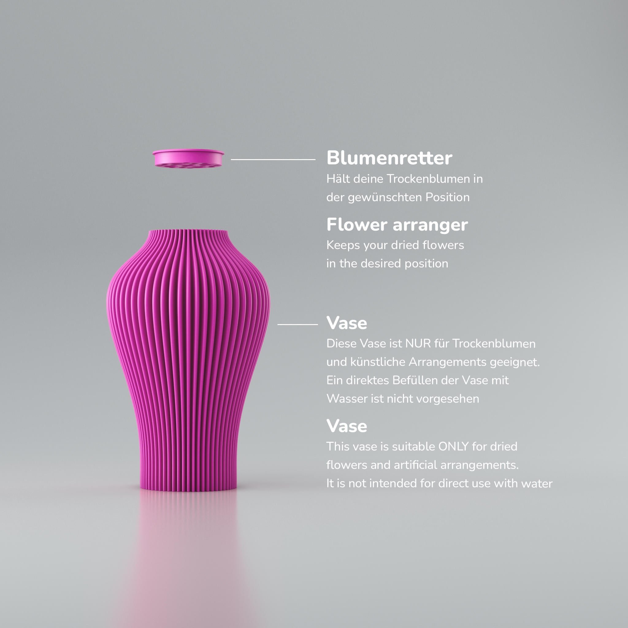 Rippige pinke Vase vor grauem Hintergrund, mit Texthinweis „Blumenretter“ und „für Trockenblumen“.