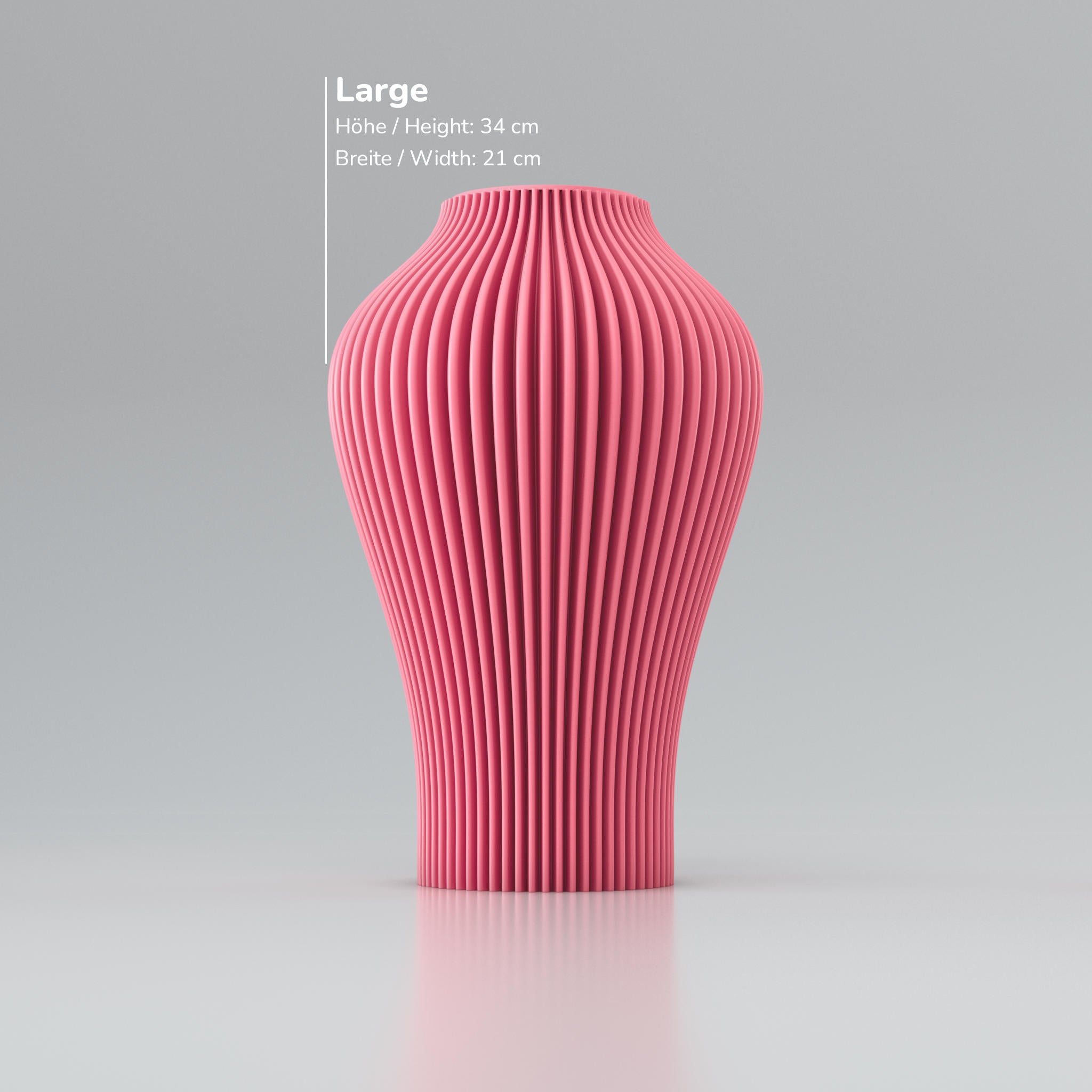 Großer, rosa gerippter Behälter aus Kunststoff mit Maßen Höhe 34 cm und Breite 21 cm, von vorn.