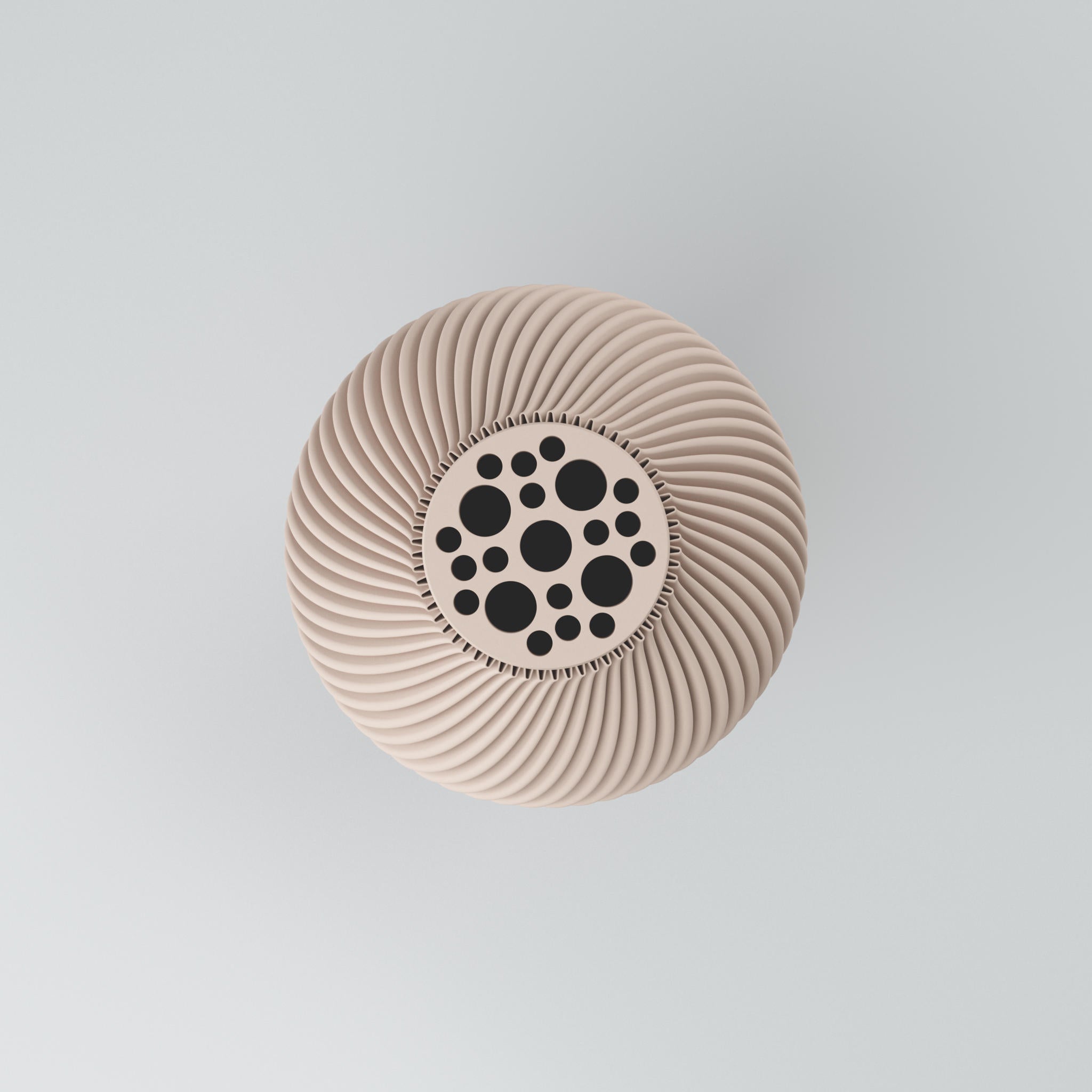 Eine moderne Designvase "Voravellie 40" von Blooming3D in einem hellen, neutralen Farbton. Die Vase zeichnet sich durch eine skulpturale Form und eine präzise ausgearbeitete Rippstruktur aus, die sich spiralförmig um den Körper windet. Diese Struktur erzeugt ein faszinierendes Licht- und Schattenspiel. Die Vase hat eine schlanke Basis, die sich nach oben hin verbreitert und dann zum Hals hin wieder verjüngt. Sie steht auf einer glatten, hellen Oberfläche, die ihr Spiegelbild leicht wiedergibt. Im...
