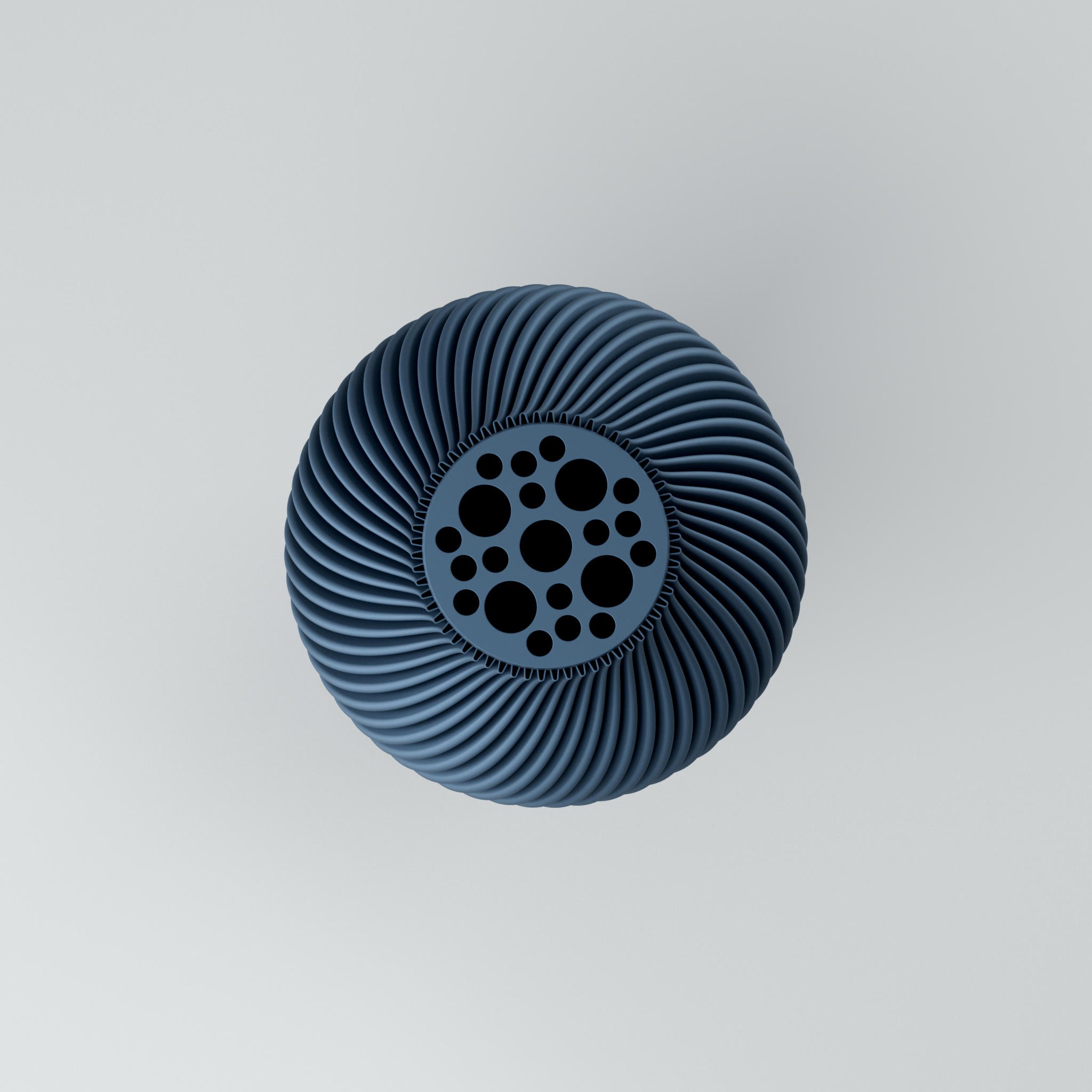 Eine moderne Designvase "Voravellie 40" von Blooming3D in einem hellen, neutralen Farbton. Die Vase zeichnet sich durch eine skulpturale Form und eine präzise ausgearbeitete Rippstruktur aus, die sich spiralförmig um den Körper windet. Diese Struktur erzeugt ein faszinierendes Licht- und Schattenspiel. Die Vase hat eine schlanke Basis, die sich nach oben hin verbreitert und dann zum Hals hin wieder verjüngt. Sie steht auf einer glatten, hellen Oberfläche, die ihr Spiegelbild leicht wiedergibt. Im...