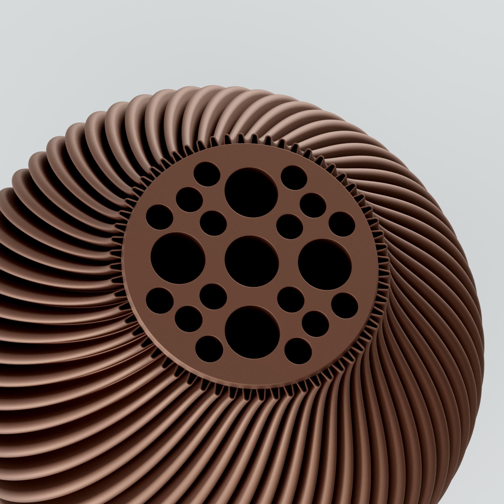 Eine moderne Designvase "Voravellie 40" von Blooming3D in einem hellen, neutralen Farbton. Die Vase zeichnet sich durch eine skulpturale Form und eine präzise ausgearbeitete Rippstruktur aus, die sich spiralförmig um den Körper windet. Diese Struktur erzeugt ein faszinierendes Licht- und Schattenspiel. Die Vase hat eine schlanke Basis, die sich nach oben hin verbreitert und dann zum Hals hin wieder verjüngt. Sie steht auf einer glatten, hellen Oberfläche, die ihr Spiegelbild leicht wiedergibt. Im...