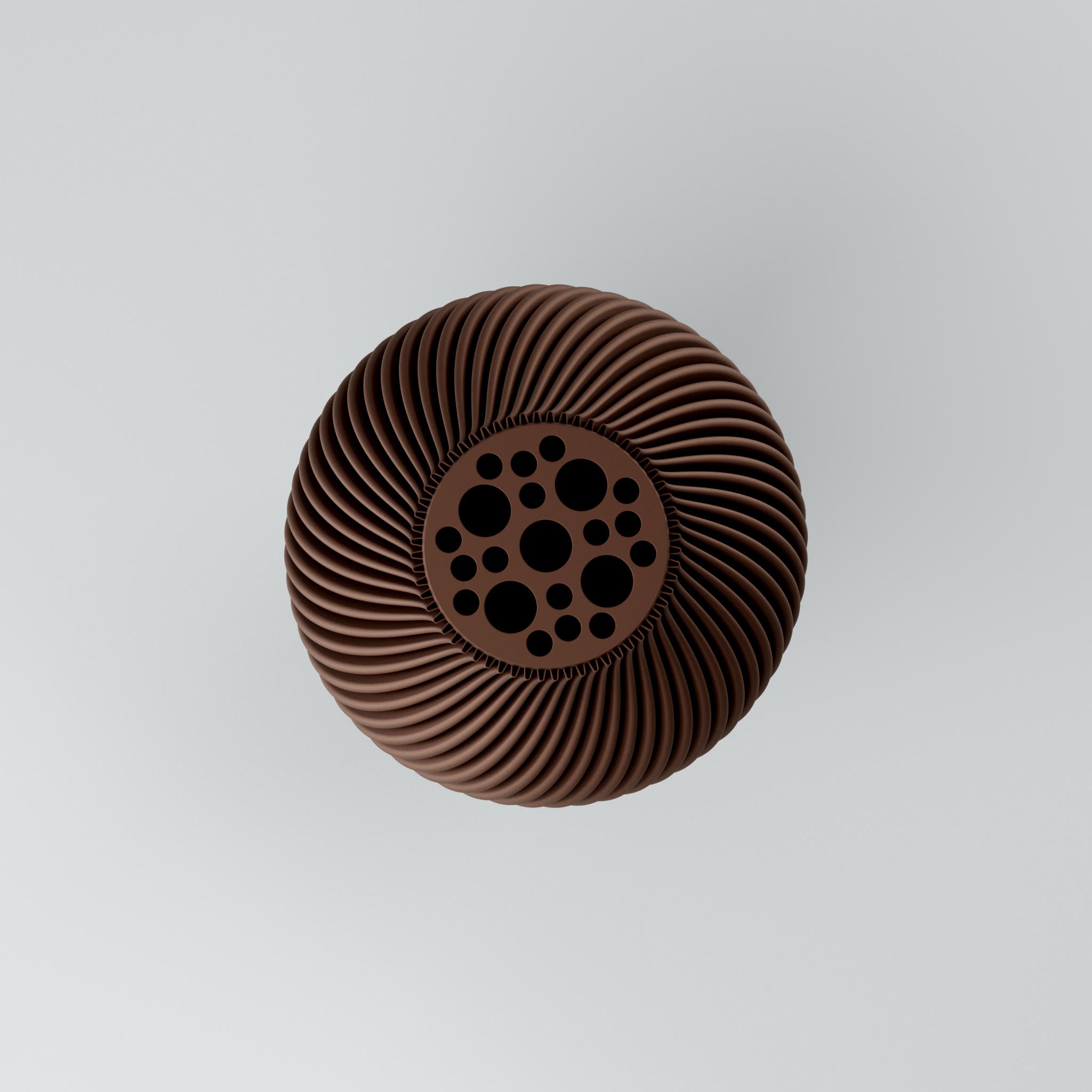 Eine moderne Designvase "Voravellie 40" von Blooming3D in einem hellen, neutralen Farbton. Die Vase zeichnet sich durch eine skulpturale Form und eine präzise ausgearbeitete Rippstruktur aus, die sich spiralförmig um den Körper windet. Diese Struktur erzeugt ein faszinierendes Licht- und Schattenspiel. Die Vase hat eine schlanke Basis, die sich nach oben hin verbreitert und dann zum Hals hin wieder verjüngt. Sie steht auf einer glatten, hellen Oberfläche, die ihr Spiegelbild leicht wiedergibt. Im...
