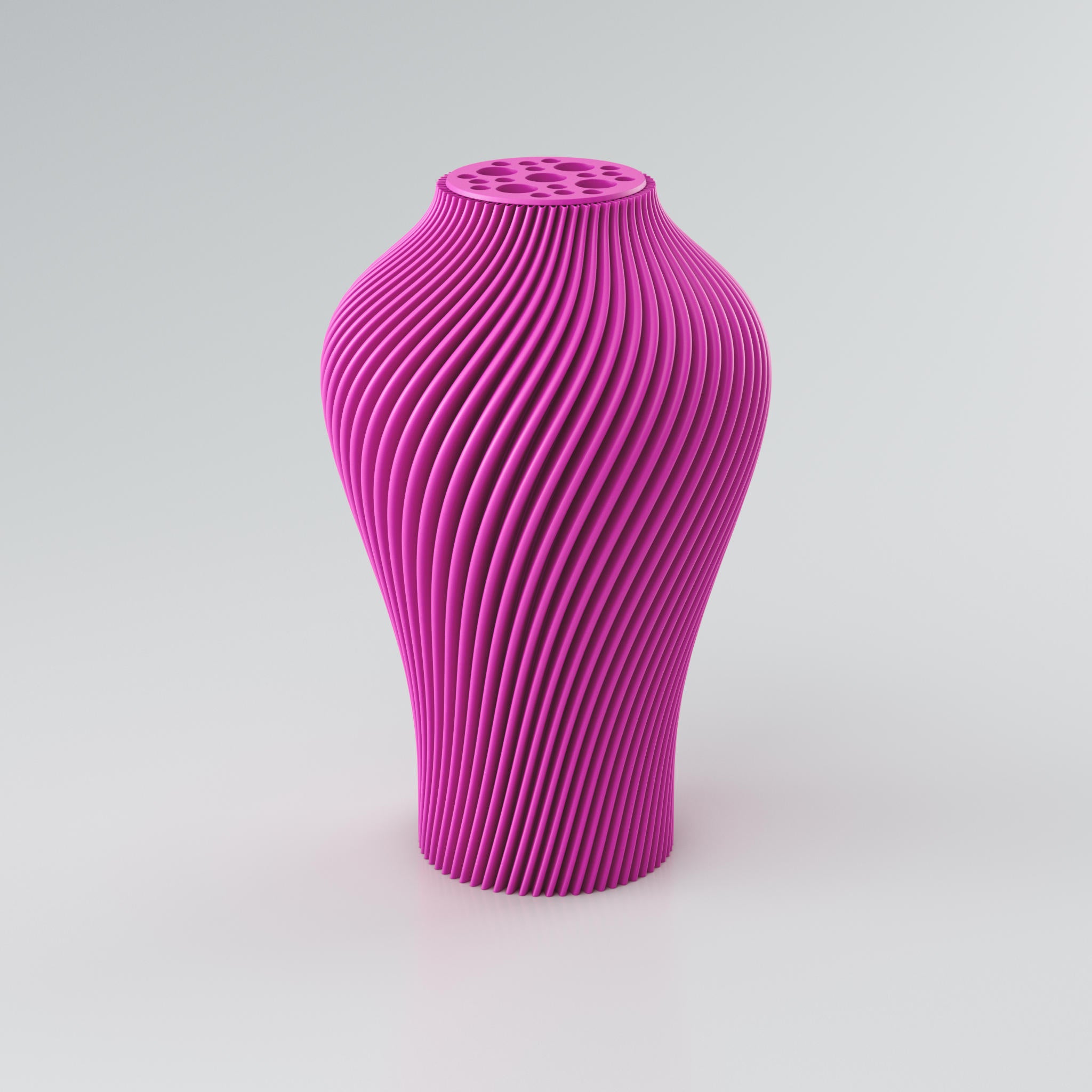 Eine hohe, skulpturale Vase in einem gedämpften Taupe-Ton steht auf einem hellgrauen Hintergrund. Die Vase hat eine ausgeprägte, spiralförmige Rippenstruktur, die sich von der Basis bis zum Hals windet und ein dynamisches Licht- und Schattenspiel erzeugt. Der Hals der Vase ist leicht verengt und mit einer runden Platte versehen, die mehrere unregelmäßig geformte Öffnungen aufweist, ideal für Trockenblumen. Die Oberfläche der Vase wirkt modern und konstruiert, mit klaren Kanten, die ihre architektonische...