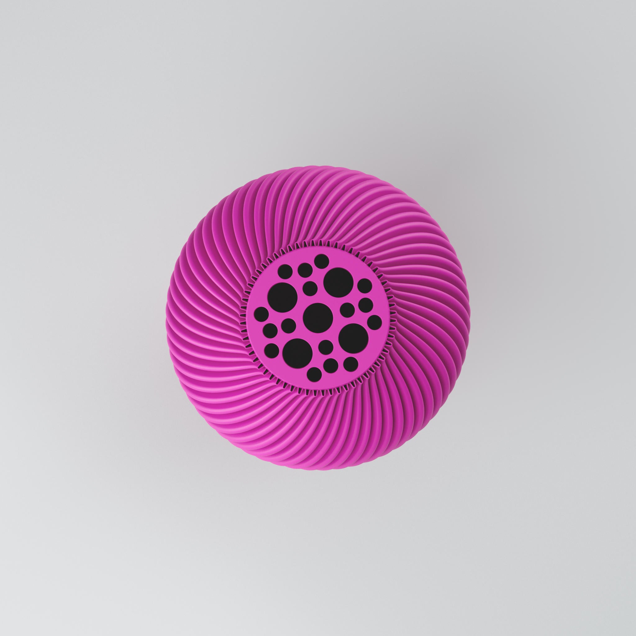 Eine moderne Designvase "Voravellie 40" von Blooming3D in einem hellen, neutralen Farbton. Die Vase zeichnet sich durch eine skulpturale Form und eine präzise ausgearbeitete Rippstruktur aus, die sich spiralförmig um den Körper windet. Diese Struktur erzeugt ein faszinierendes Licht- und Schattenspiel. Die Vase hat eine schlanke Basis, die sich nach oben hin verbreitert und dann zum Hals hin wieder verjüngt. Sie steht auf einer glatten, hellen Oberfläche, die ihr Spiegelbild leicht wiedergibt. Im...