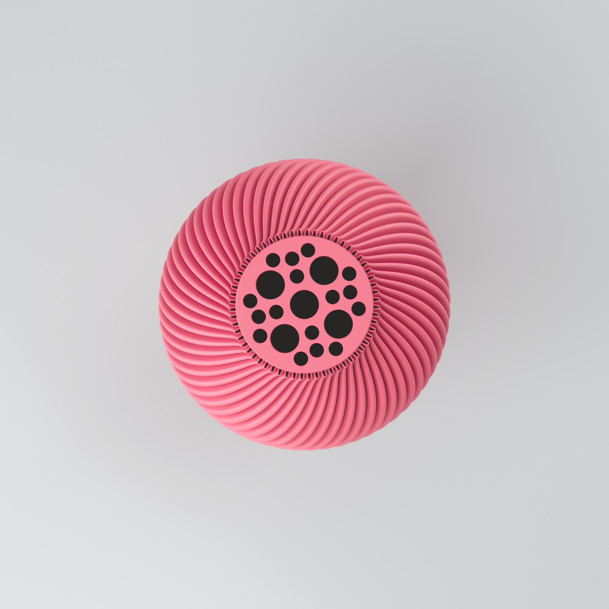 Eine moderne Designvase "Voravellie 40" von Blooming3D in einem hellen, neutralen Farbton. Die Vase zeichnet sich durch eine skulpturale Form und eine präzise ausgearbeitete Rippstruktur aus, die sich spiralförmig um den Körper windet. Diese Struktur erzeugt ein faszinierendes Licht- und Schattenspiel. Die Vase hat eine schlanke Basis, die sich nach oben hin verbreitert und dann zum Hals hin wieder verjüngt. Sie steht auf einer glatten, hellen Oberfläche, die ihr Spiegelbild leicht wiedergibt. Im...
