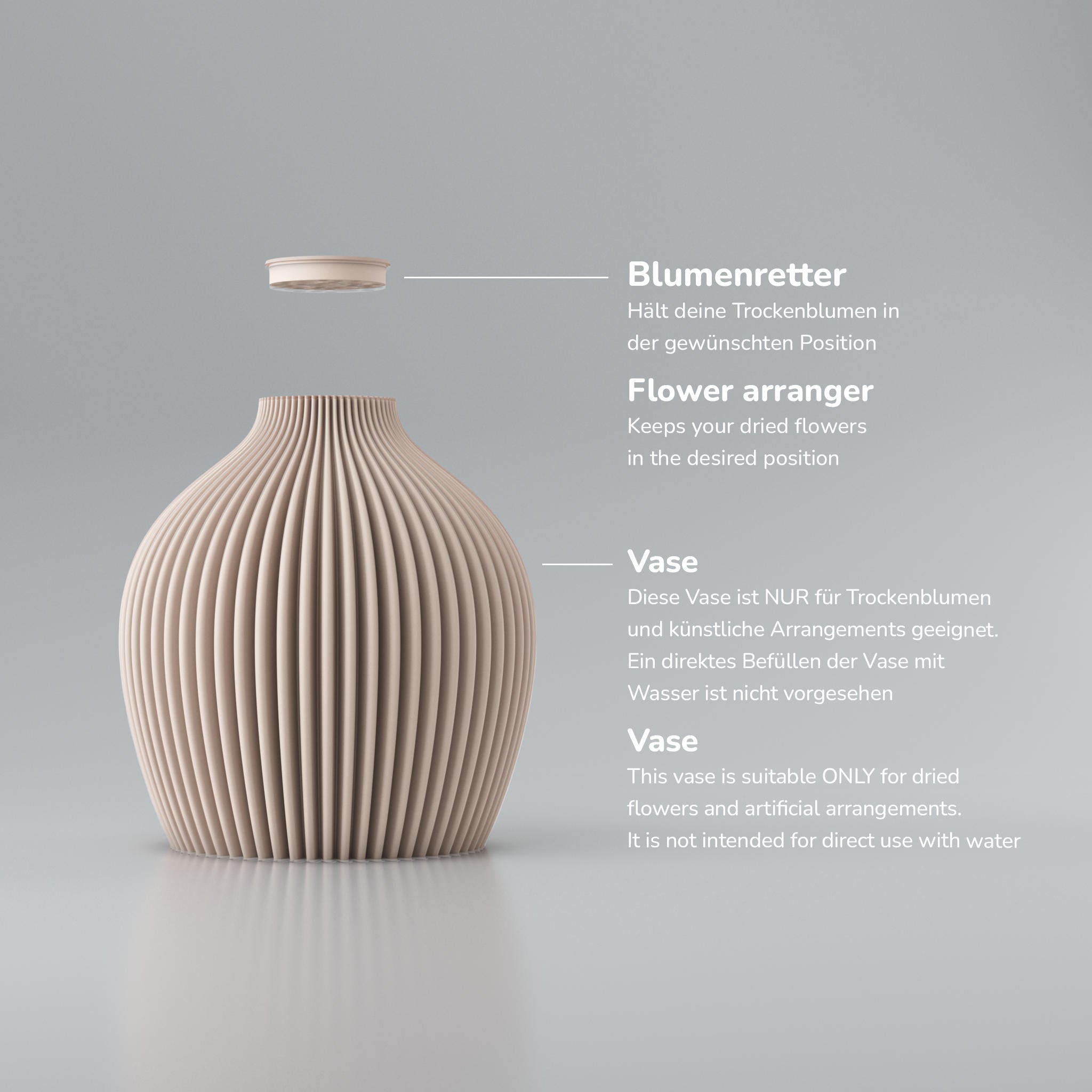 Vase aus beigem, geripptem Material mit Text „Blumenretter“ und Hinweis für Trockenblumen ohne Wasser.