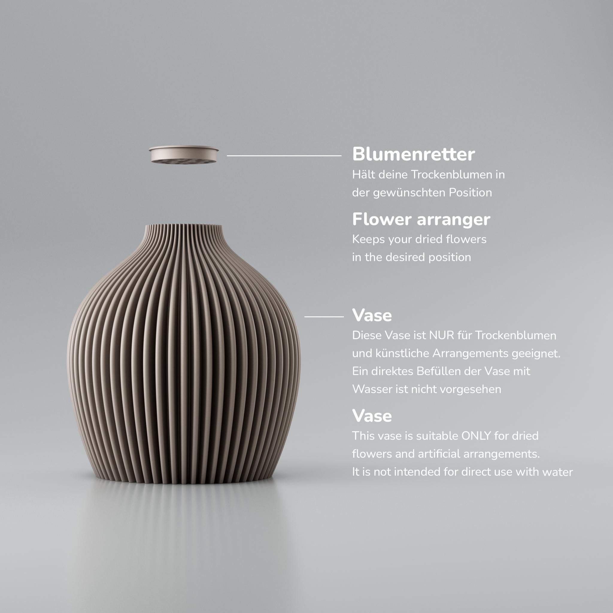 Vase mit geripptem Muster und daneben steht „Blumenretter“ sowie Hinweise zu Trockenblumen ohne Wasser.