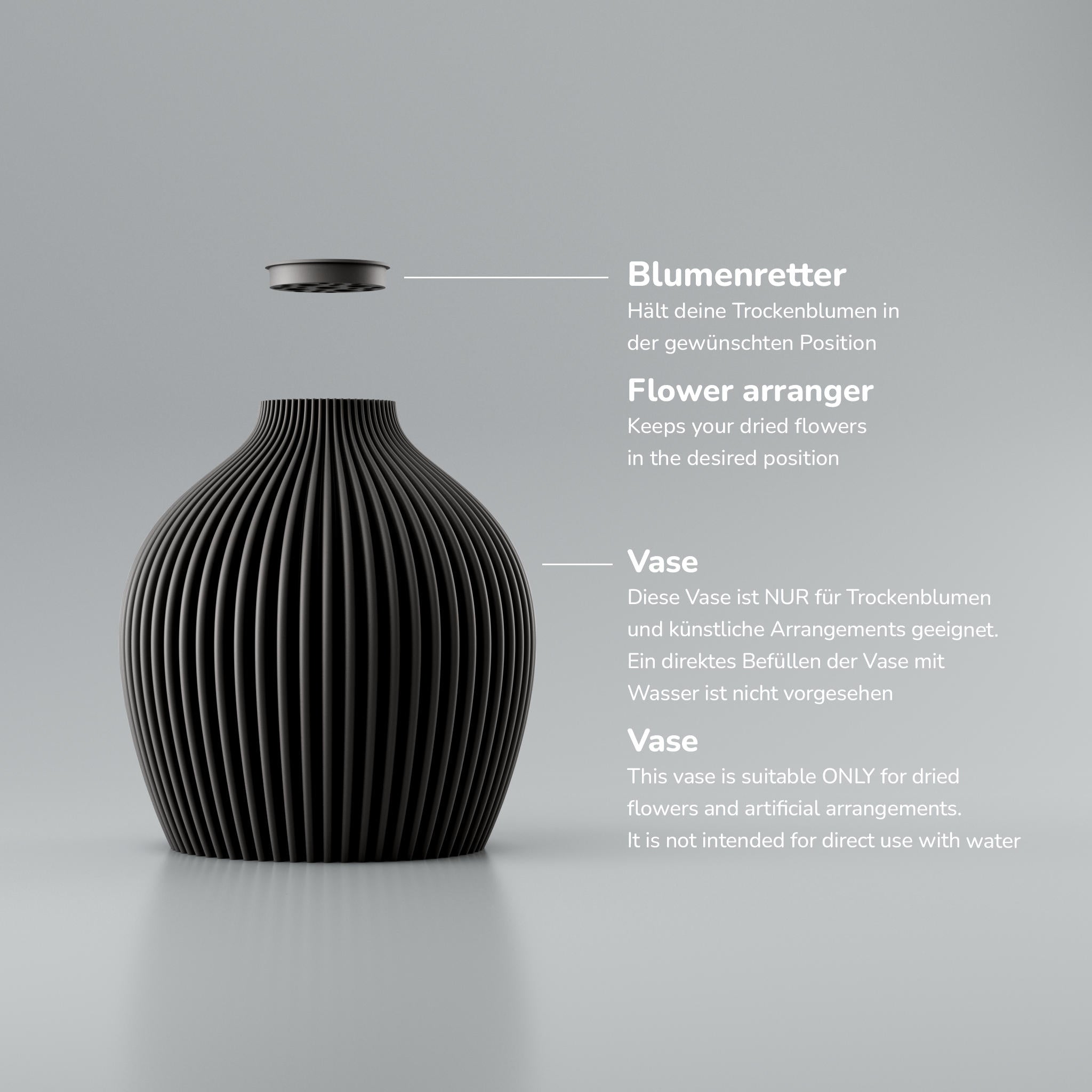 Rippige Vase mit schmalem Einsatz für Trockenblumen, Texthinweis Blumenretter: Wasser nicht vorgesehen.