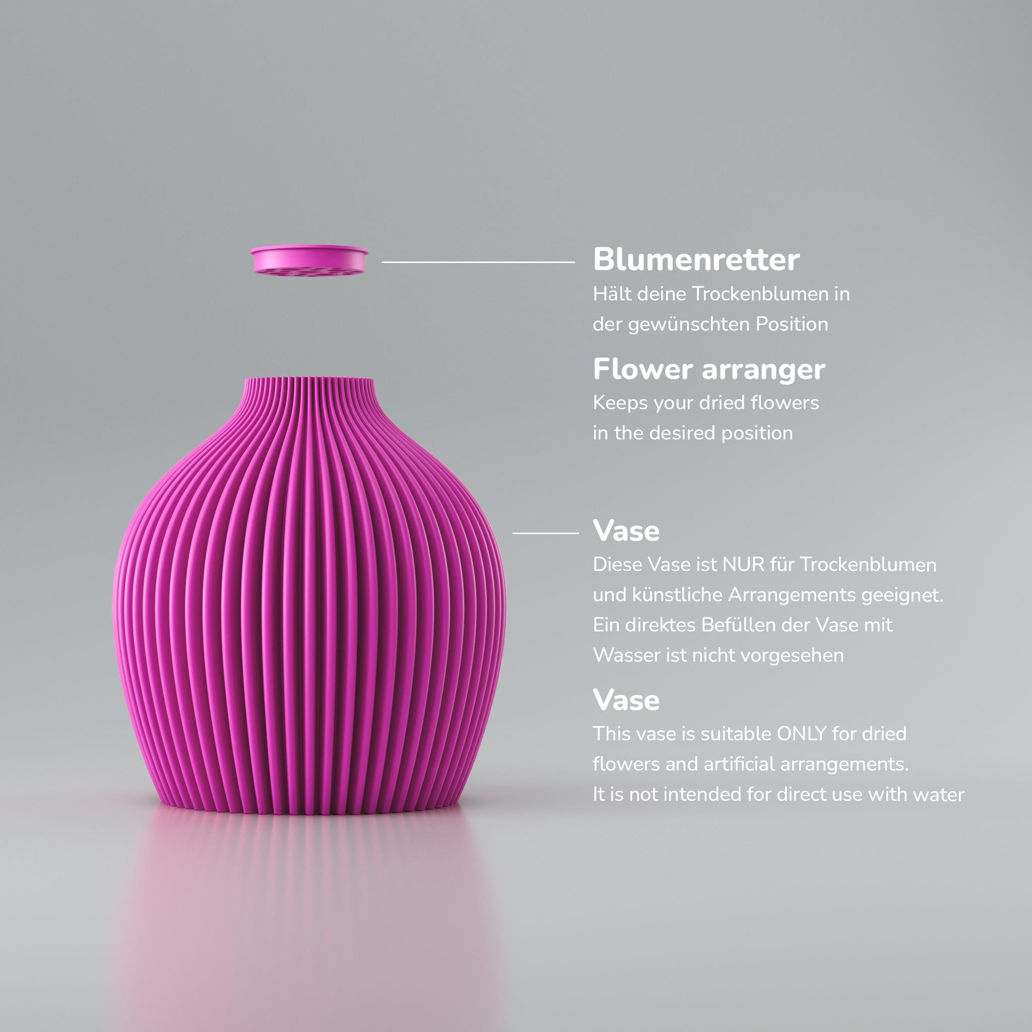 Rote, gerippte Vase vor grauem Hintergrund, daneben eine kleine Kappe und der Hinweis „Blumenretter“.