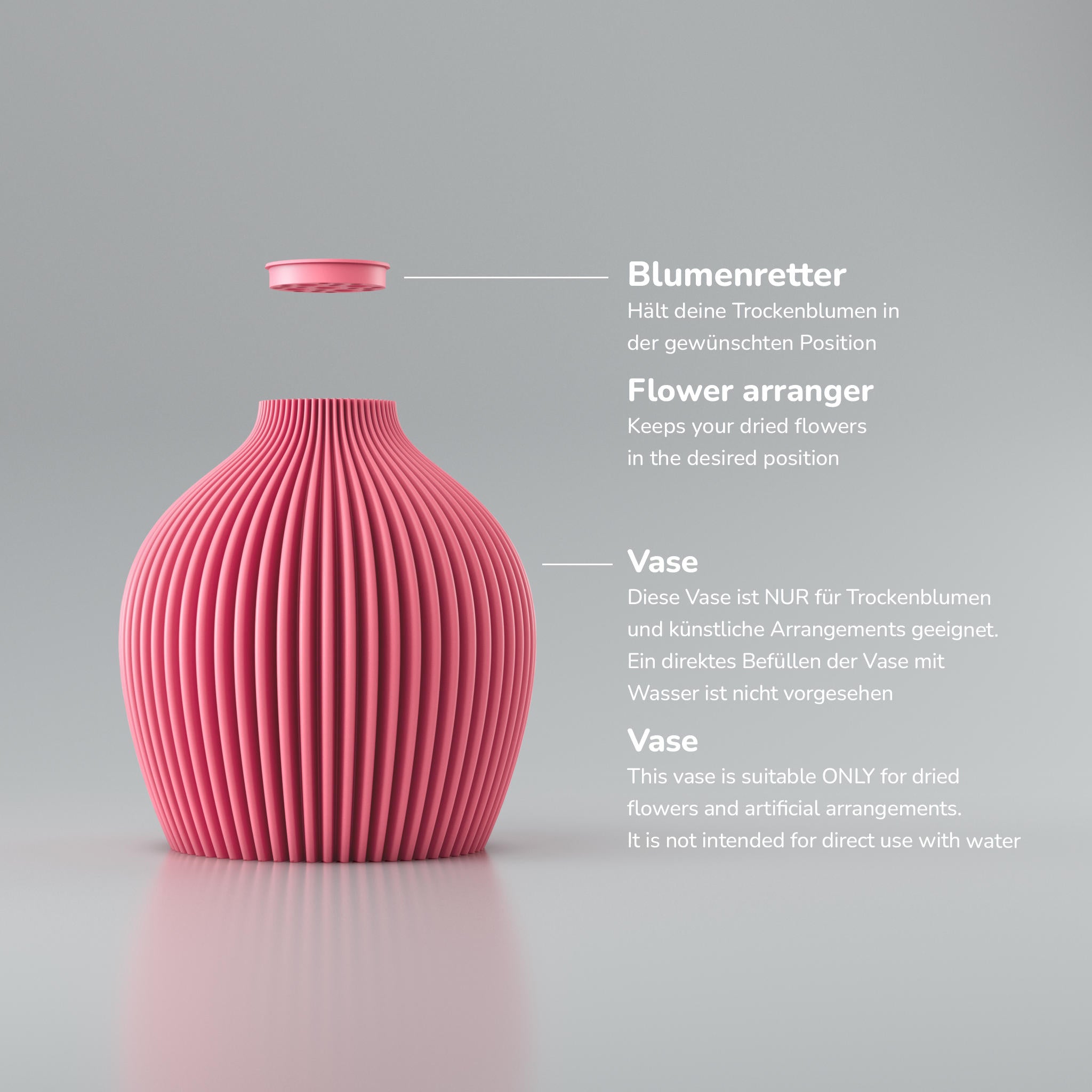 Rosa gerippte Vase mit Text „Blumenretter“: Trockenblumen an gewünschter Position halten.