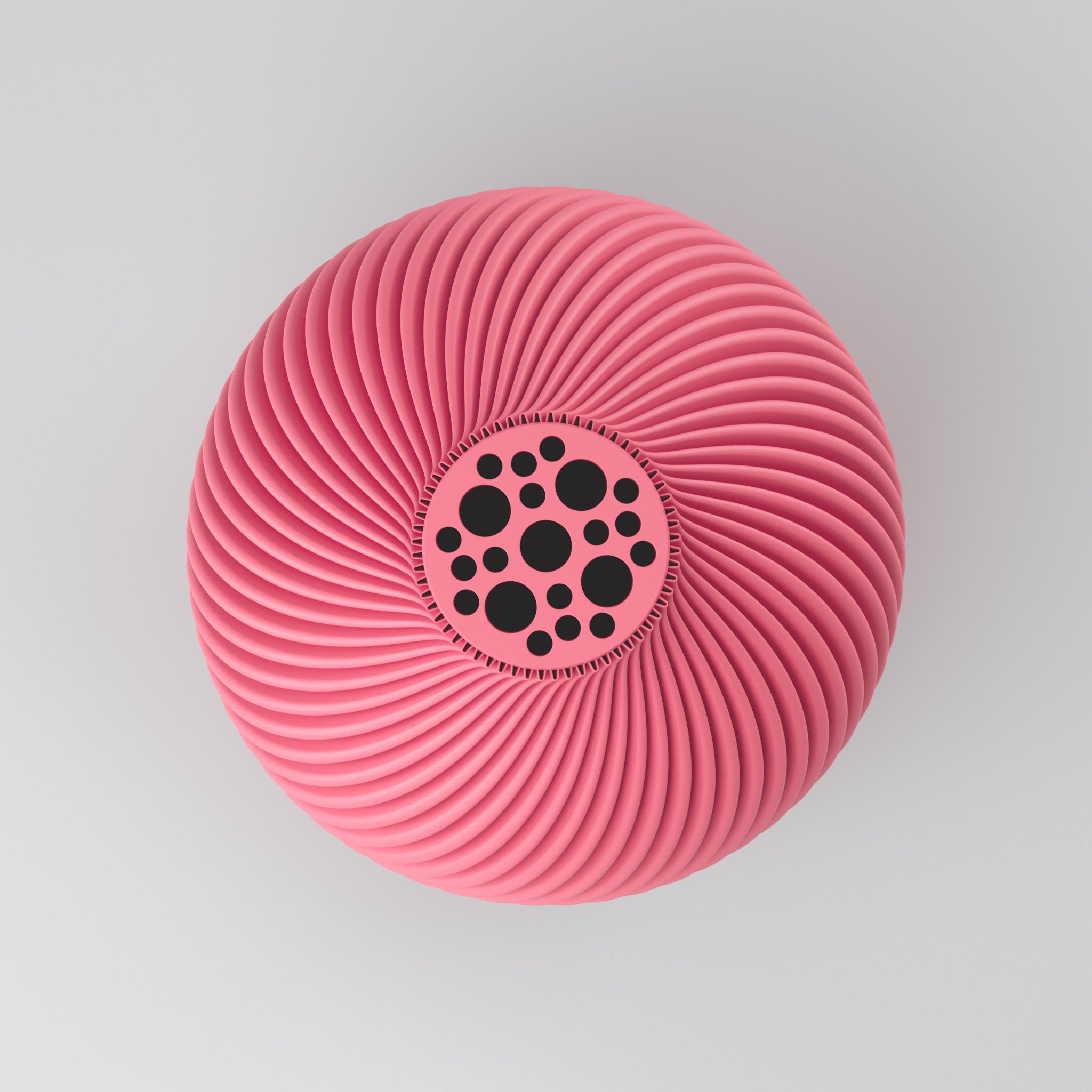 Eine moderne, beigefarbene Designvase namens Voravellie 60, die eine modulare, skulpturale Form aufweist. Die Vase hat eine ausgeprägte, präzise ausgearbeitete Rippstruktur mit klaren Kanten, die spiralförmig um den Körper verläuft und ein faszinierendes Licht- und Schattenspiel erzeugt. Sie steht auf einer glatten, hellgrauen Oberfläche, die ihr Spiegelbild leicht reflektiert, vor einem neutralen, hellgrauen Hintergrund. Die Vase ist leer und hat eine schlanke Öffnung am oberen Ende. Das Design vereint...