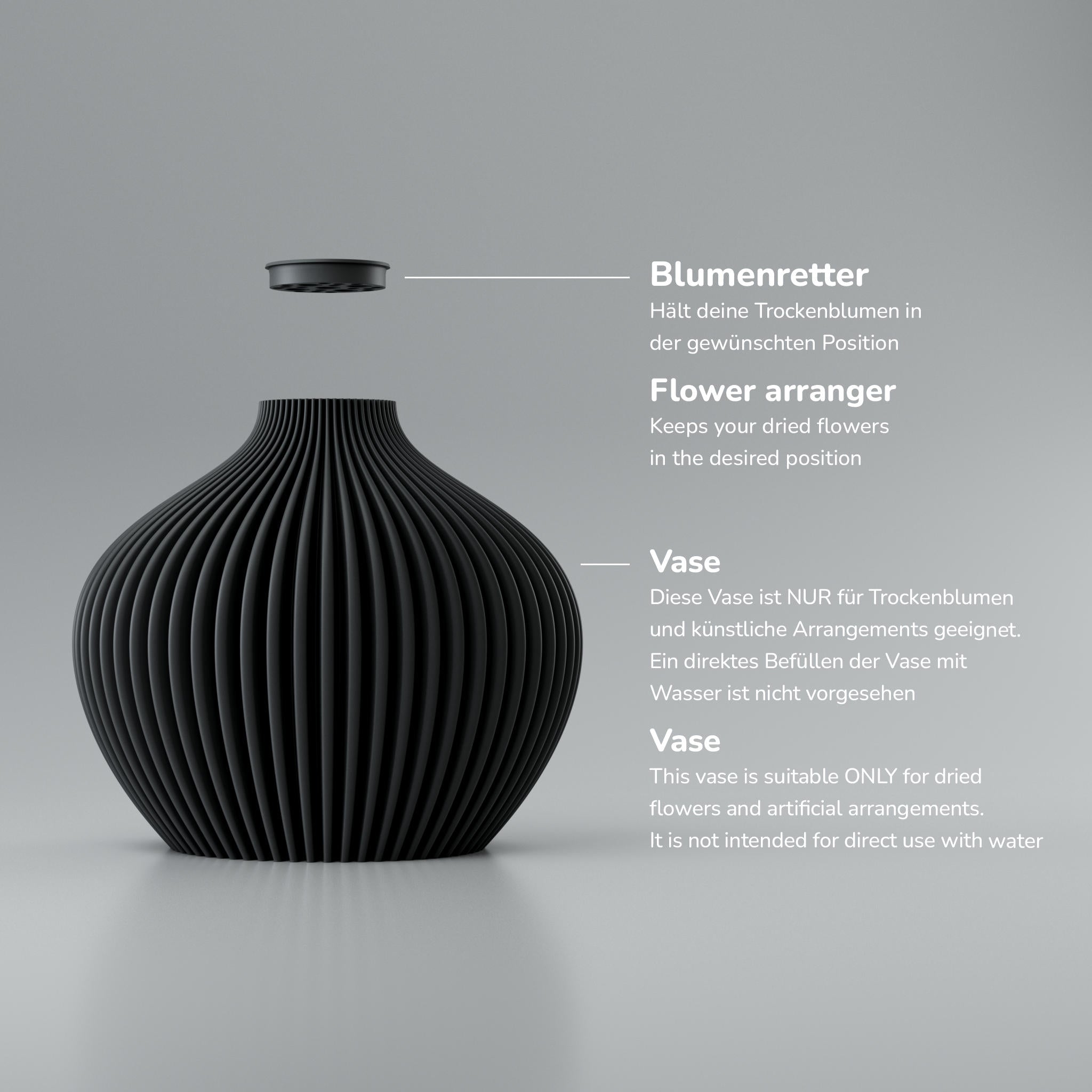 Schwarze gerippte Vase mit Einsatz oben; Text „Blumenretter“ und „Vase“ auf grauem Hintergrund.