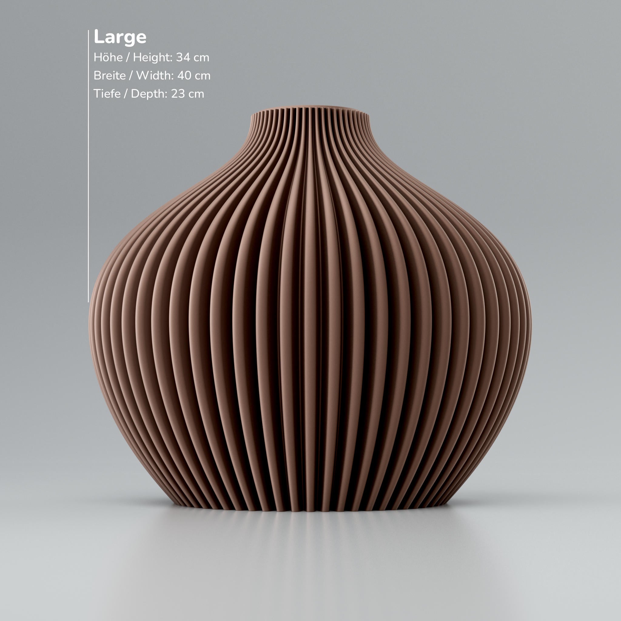 Rillenförmige Keramikvase mit brauner Oberfläche, Maßangaben Höhe 34 cm Breite 40 cm Tiefe 23 cm