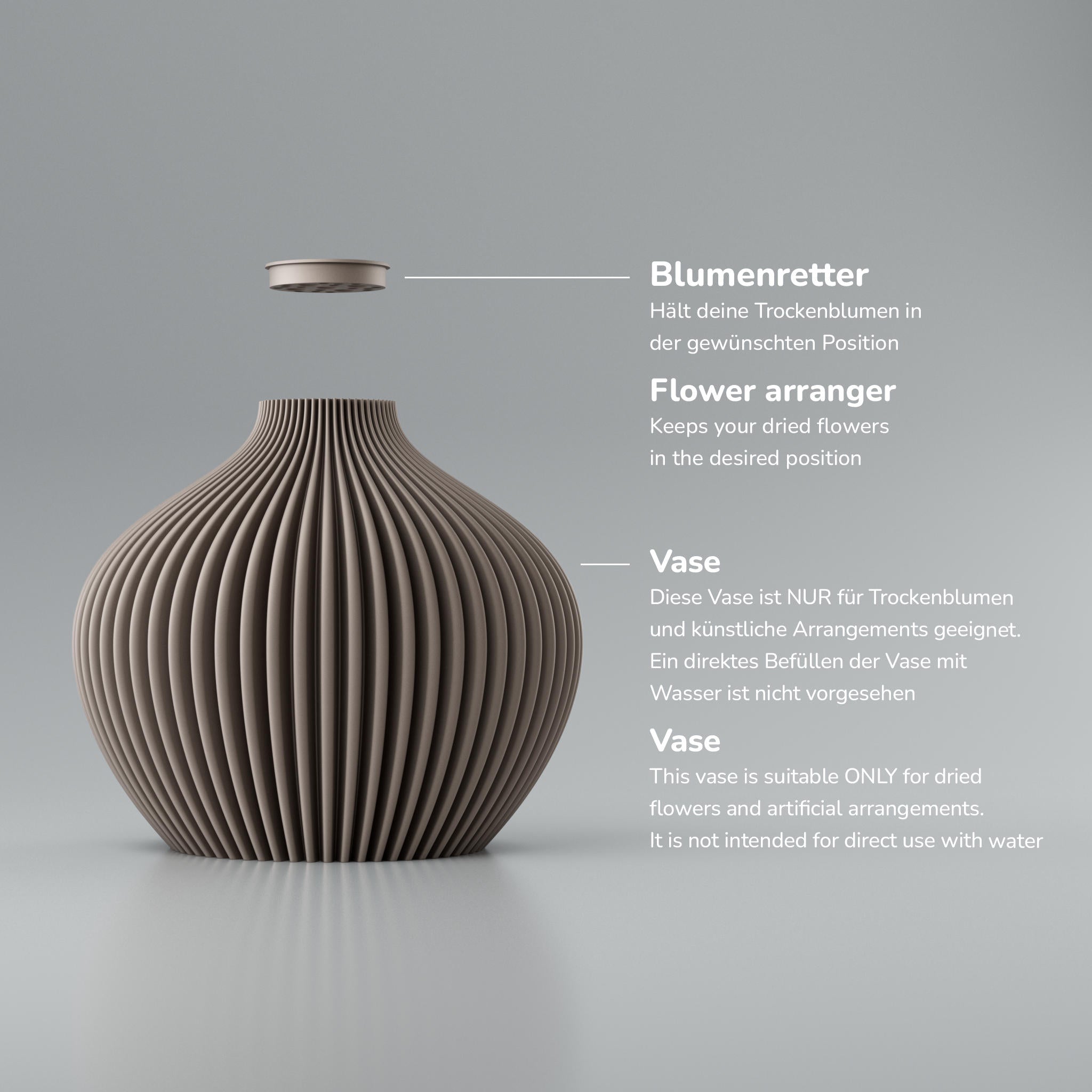 Grau gerippte Vase mit kleinem Einsatz oben, Text „Vase“ und Hinweise zu Trockenblumen.