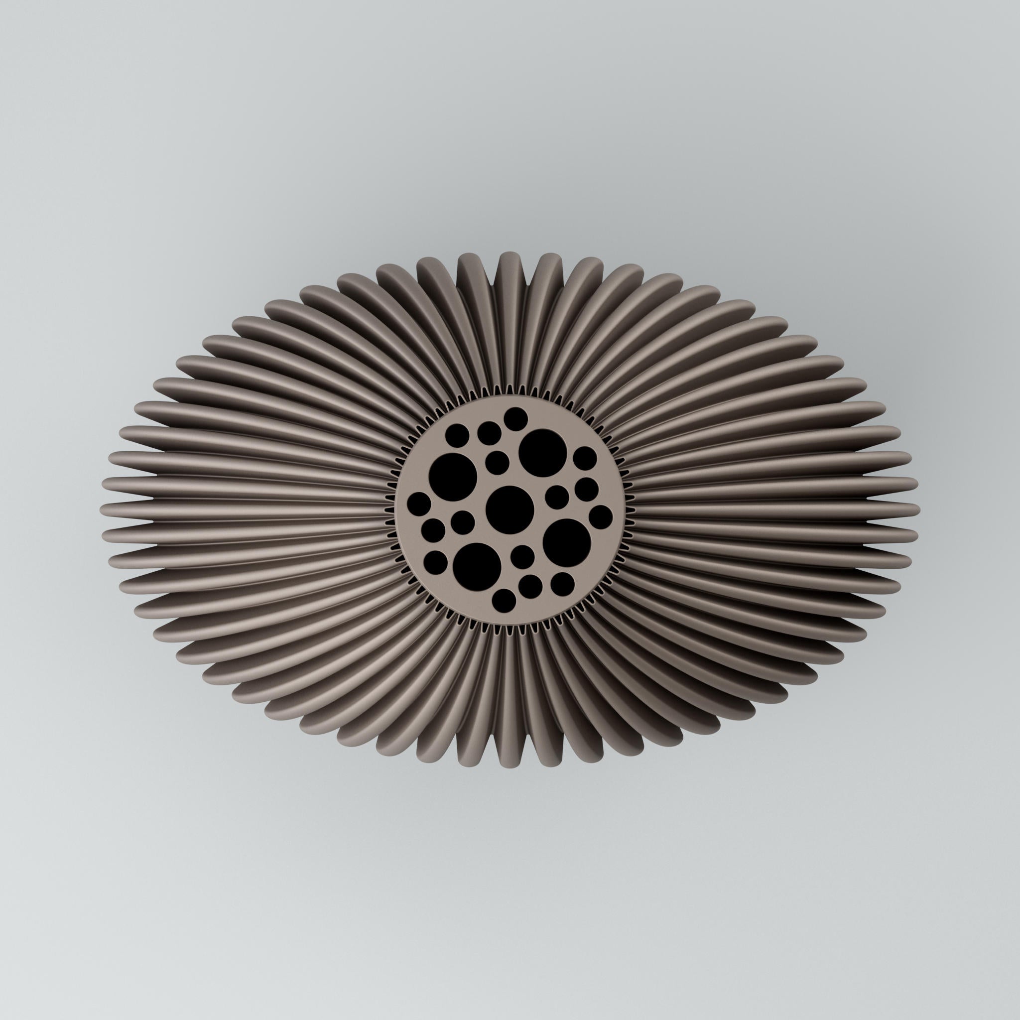 Dekoratives Ornament mit runden Punkten und radialen grauen Rippen auf hellem Hintergrund.