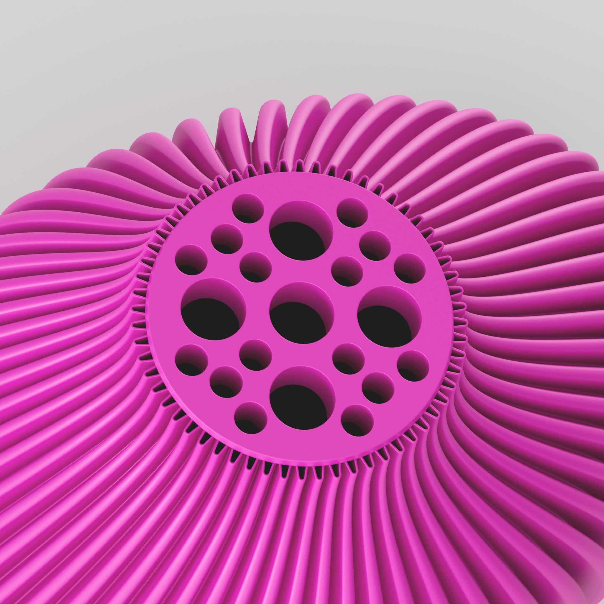 Pinkes 3D-Zahnrad mit Stacheln und runden Öffnungen auf hellgrauem Hintergrund