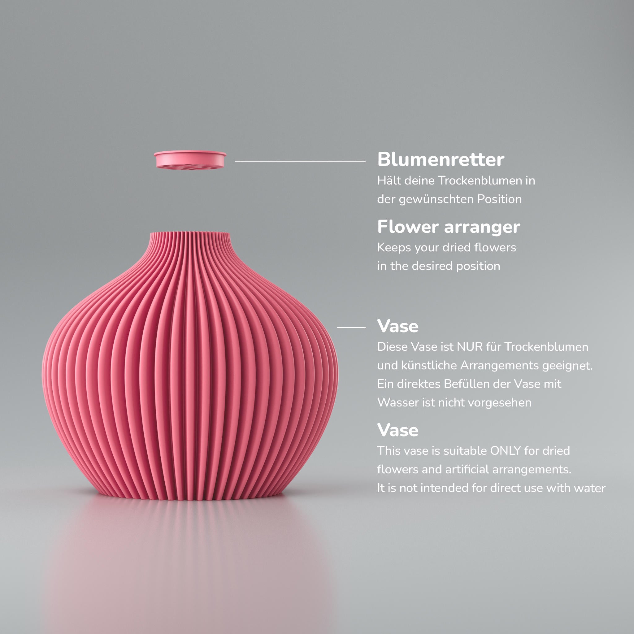 Rosa gerippte Vase auf grauem Hintergrund, mit Text „Blumenretter“ und „Vase“.