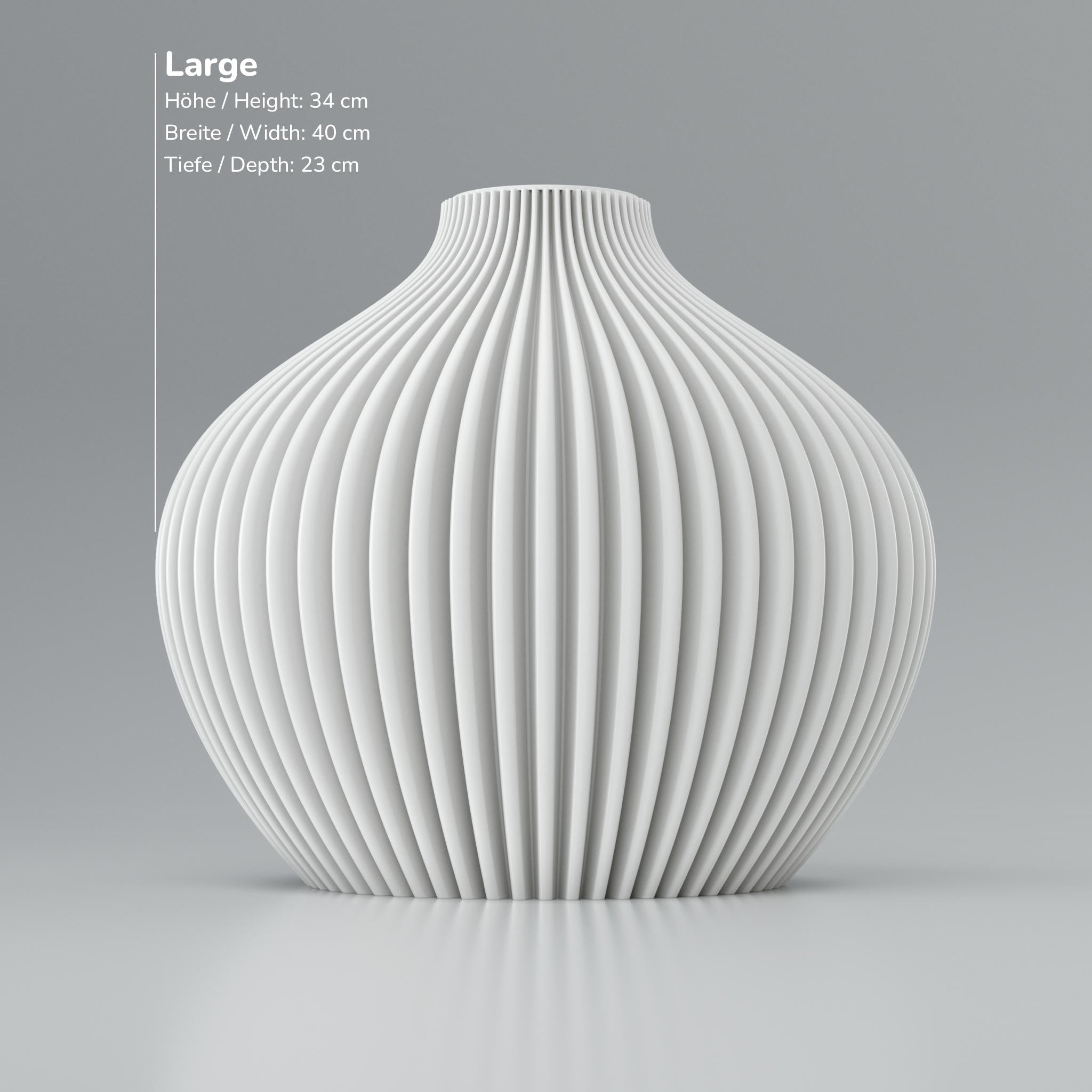 Weiße gerippte Kuppelleuchte mit Maßen Höhe 34 cm, Breite 40 cm, Tiefe 23 cm auf grauem Hintergrund