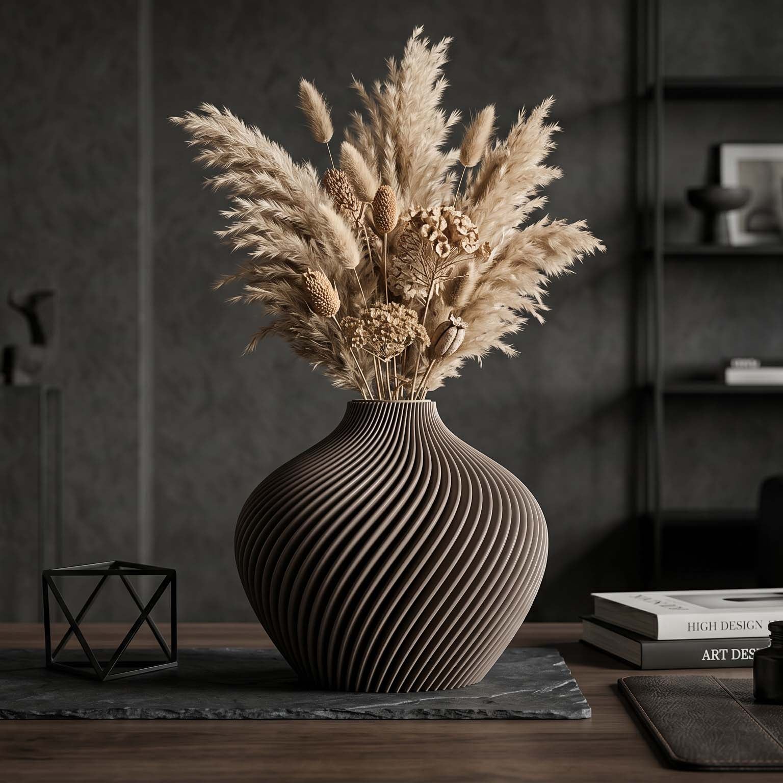 Designvase Voravellie 80 von Blooming3D, Twist-Linea-Vase in Mattschwarz mit Mattweiß, gerillter Oberfläche.