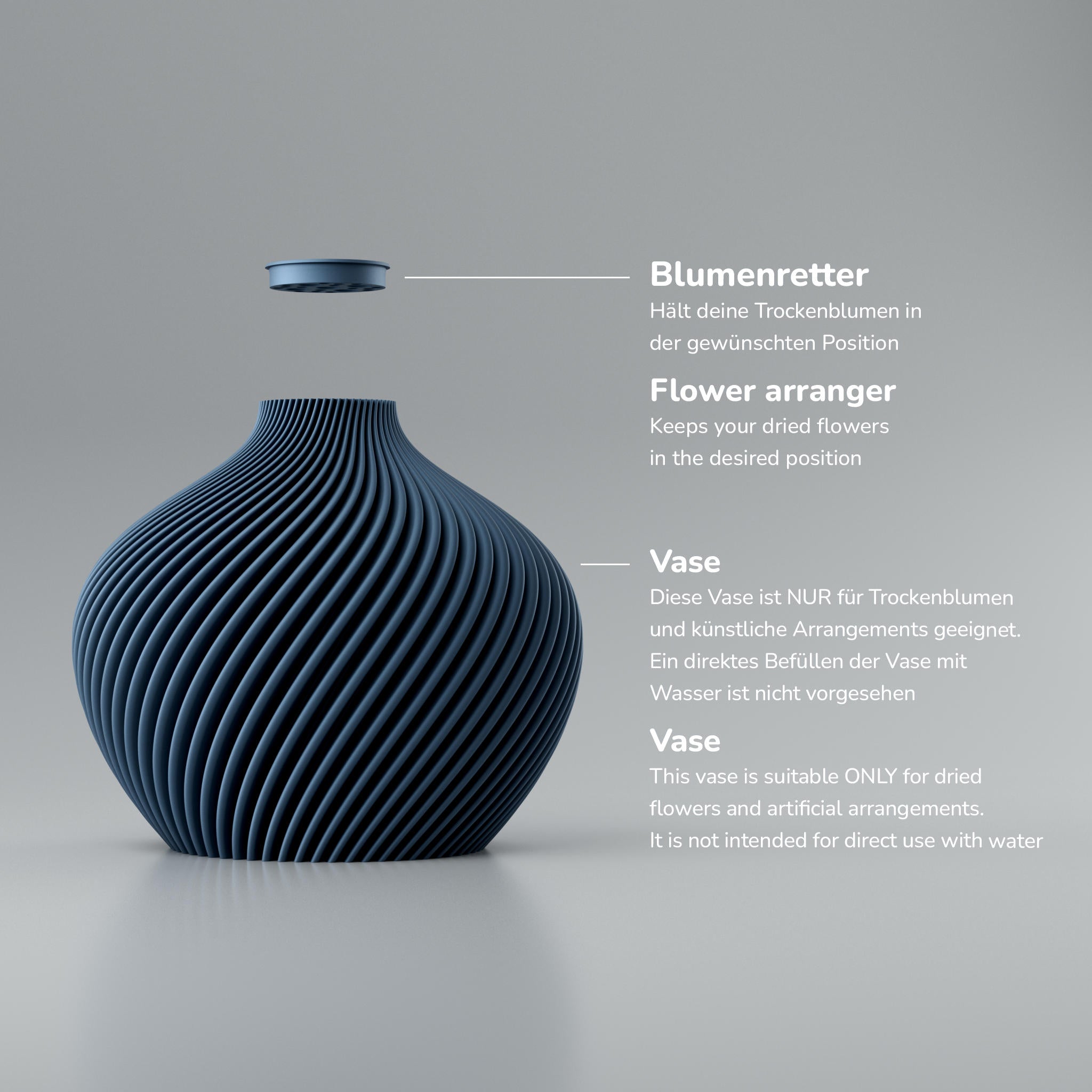 Twist Linea Blooming3D Design-Vase Voravellie 80 metallisches Kobaltblau mit Rippen