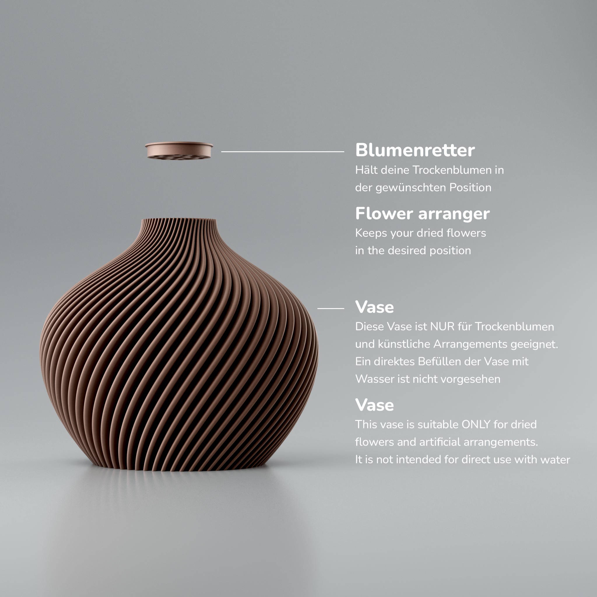 Blooming3D Design-Vase Voravellie 80 Twist-Linea aus metallischem Kupferbraun mit Rillen