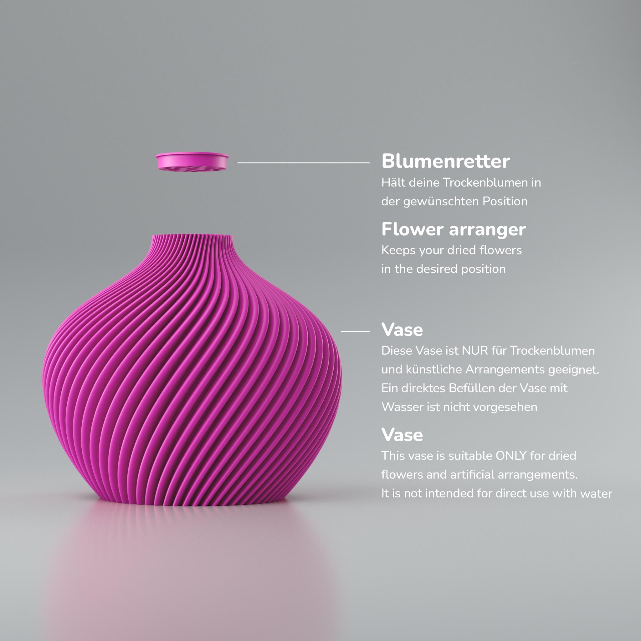 Twist-Linien-Design Blooming3D Design Vase Voravellie 80 in mattem Pink mit Rillenoptik